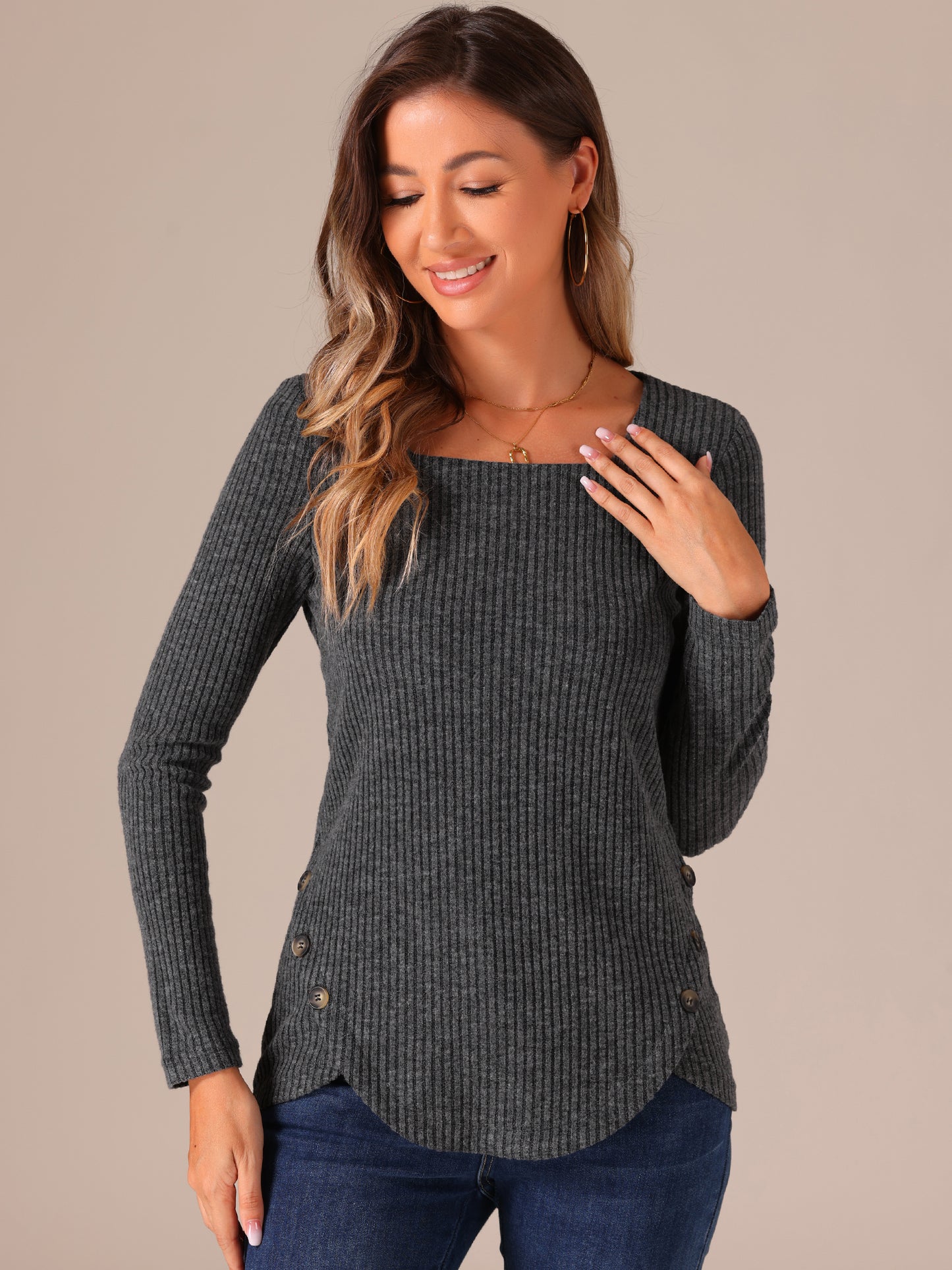 Women's Ribbed Knit Top Long Sleeve Square Neck Tee Tops