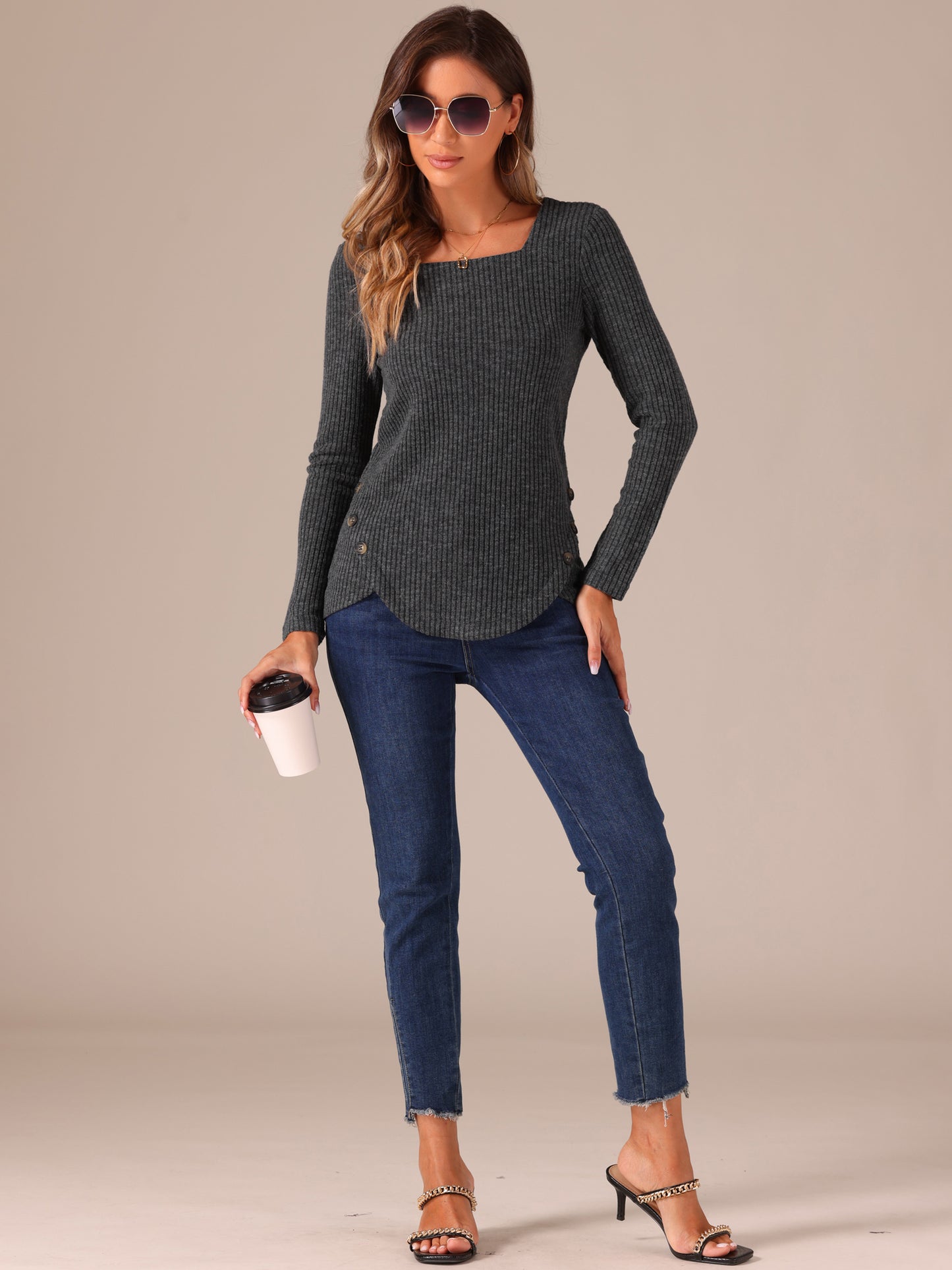 Women's Ribbed Knit Top Long Sleeve Square Neck Tee Tops