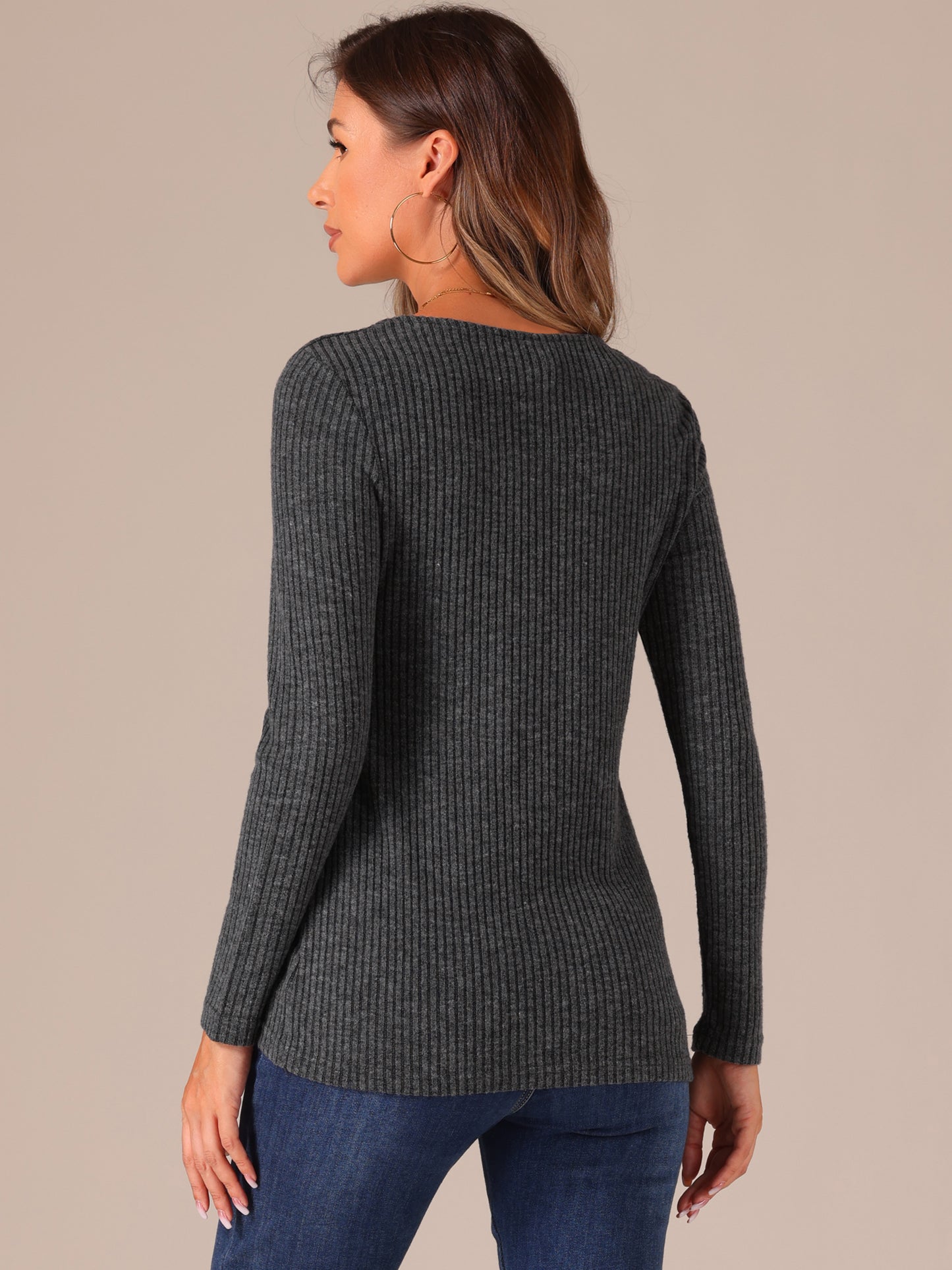 Women's Ribbed Knit Top Long Sleeve Square Neck Tee Tops