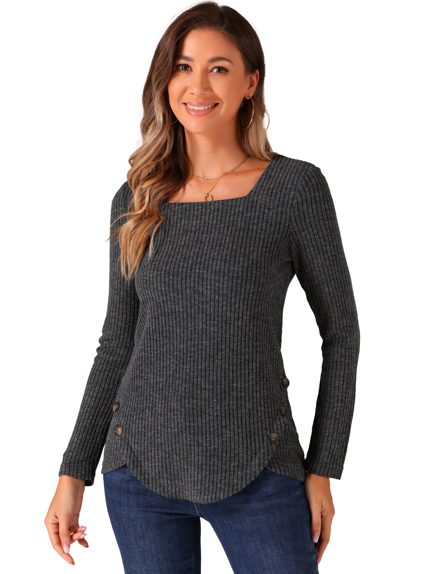 Women's Ribbed Knit Top Long Sleeve Square Neck Tee Tops