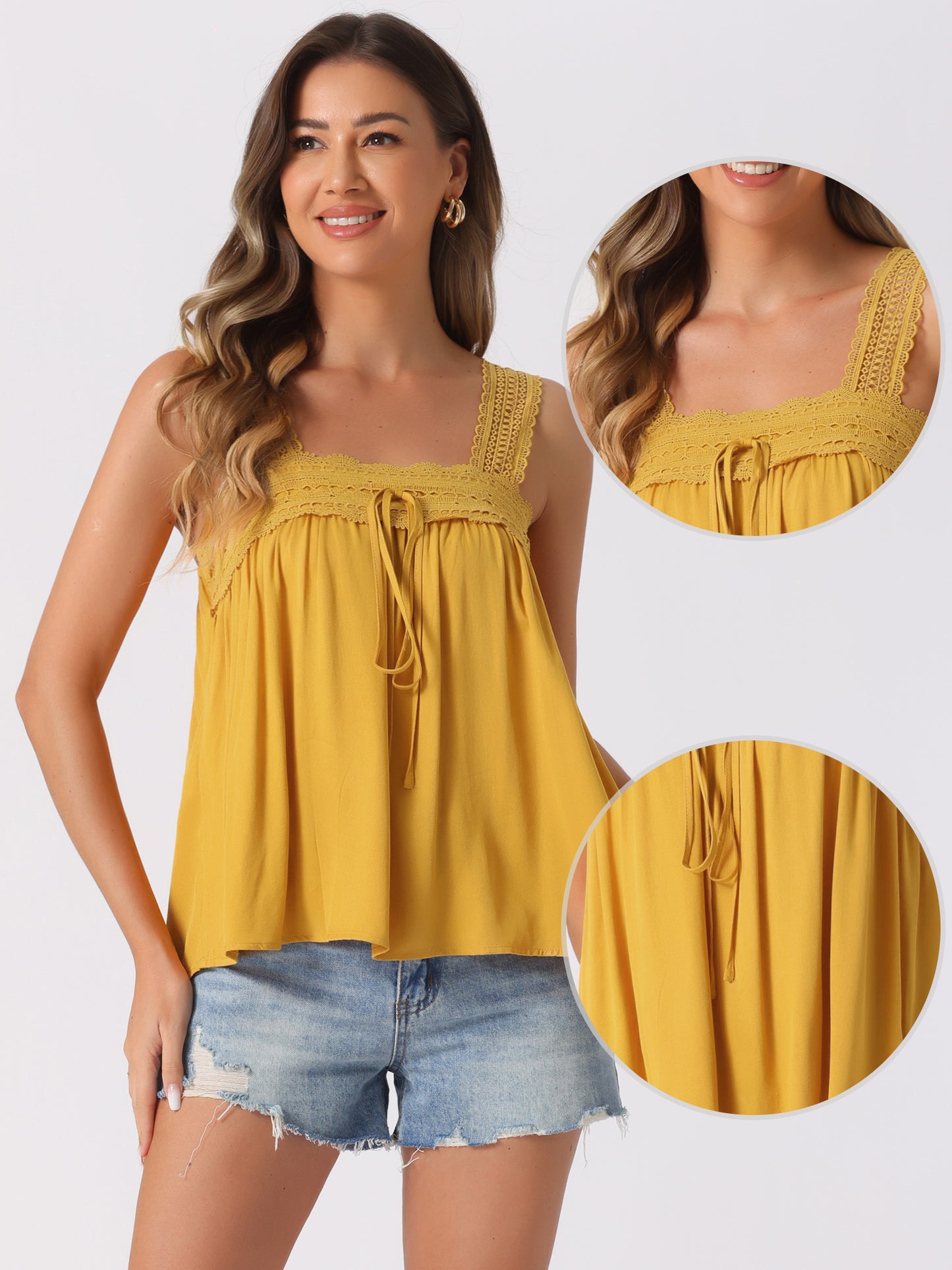 Women's Casual Sleeveless Top Square Neck Panel Lace Ruffles Tank Top