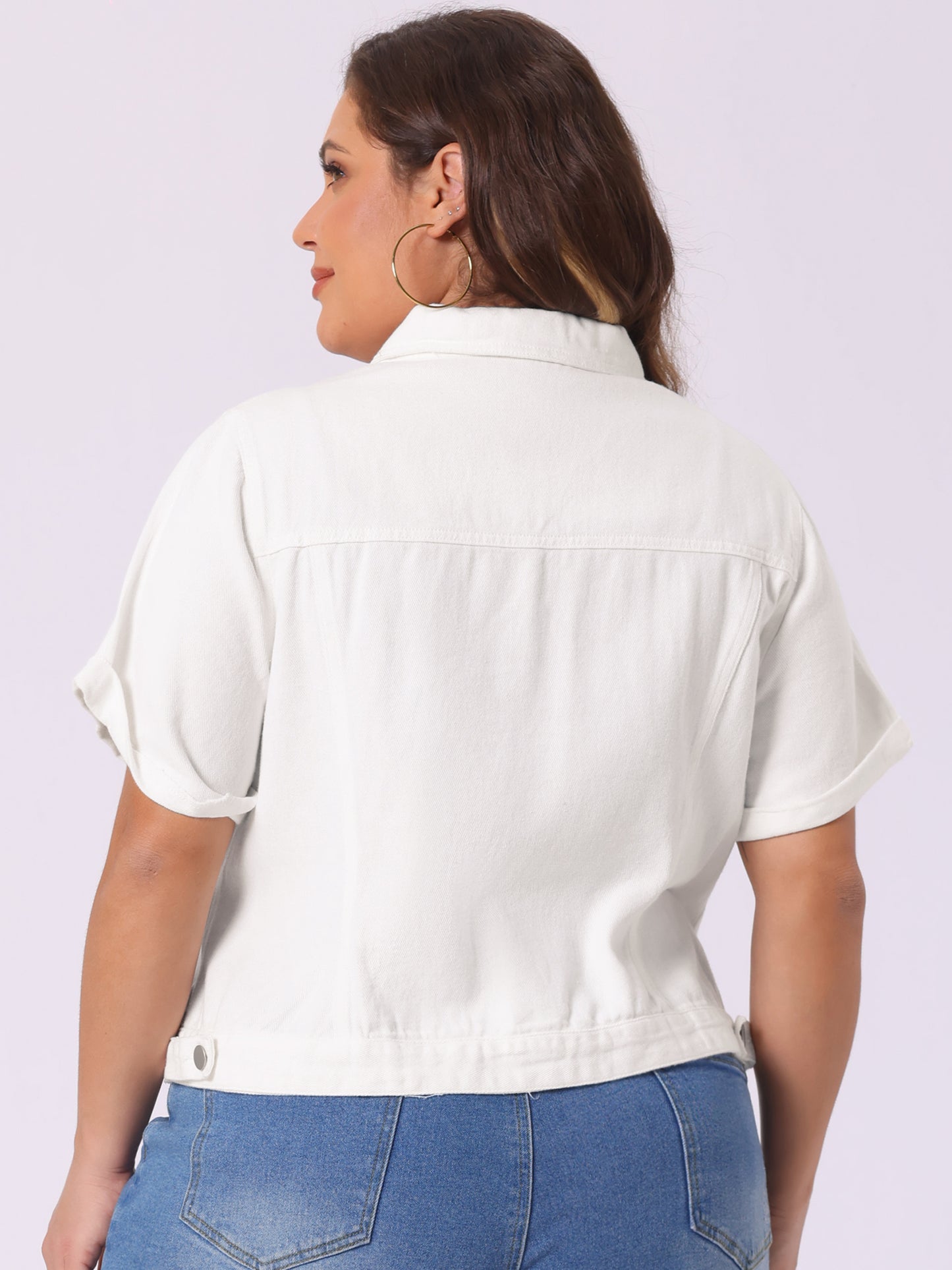 Women's Plus Size Denim Jacket Short Sleeve Lapel Button Front Work Western Outfit Jean Jackets