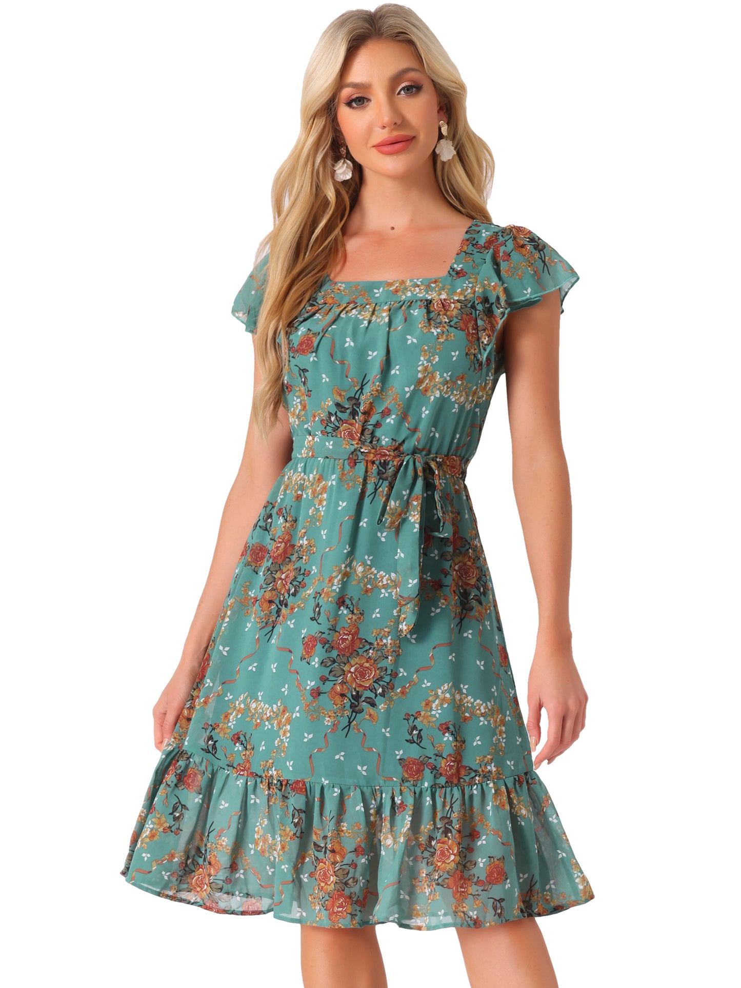 Women's Midi Floral Chiffon Dress Flutter Sleeve Belted Square Neck Ruffled Dress (Available in Plus Size)