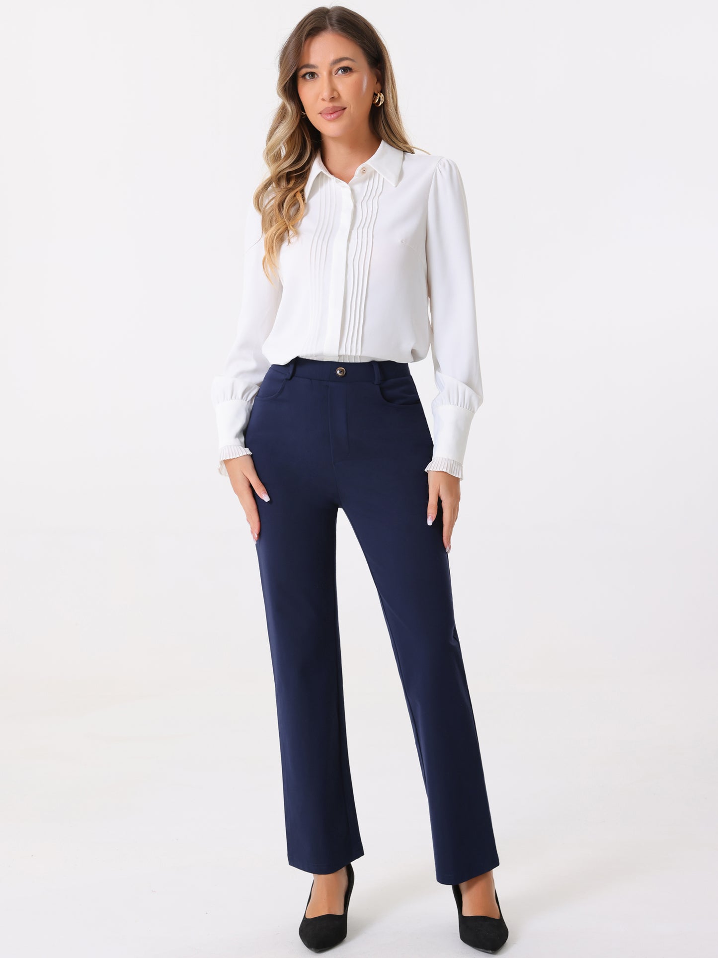 Women's Work Pants High Waist Straight Slacks Yoga Stretch Business Work Trousers