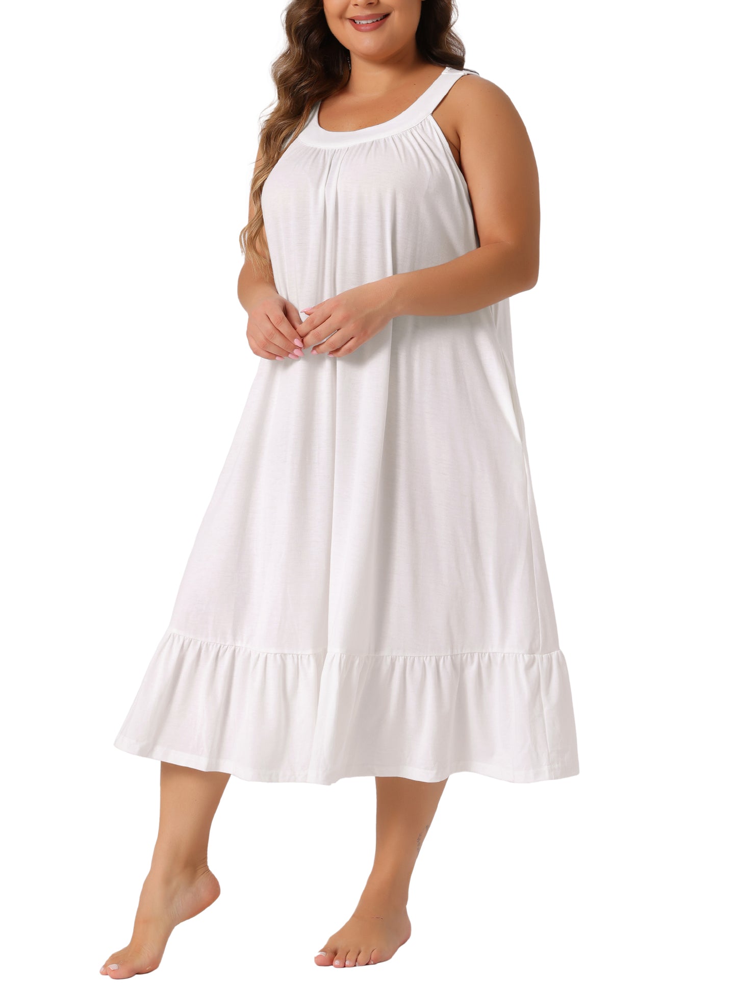Women's Plus Size Nightgown Tank Sleeveless Sleepwear Wide Strap Chemise Pleated Nightdress with Pockets