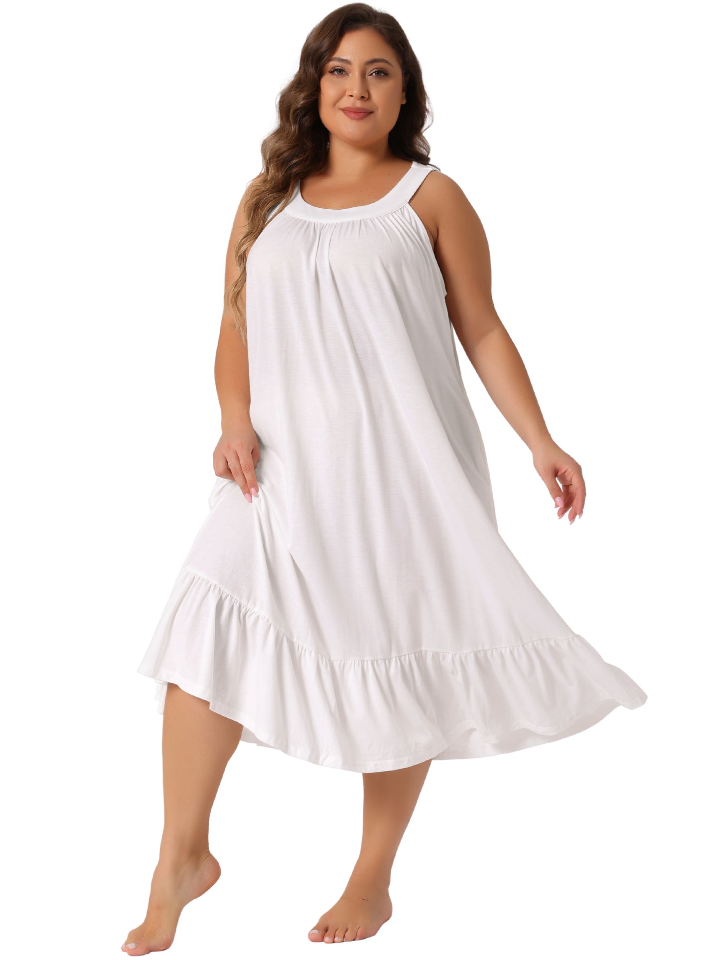 Women's Plus Size Nightgown Tank Sleeveless Sleepwear Wide Strap Chemise Pleated Nightdress with Pockets