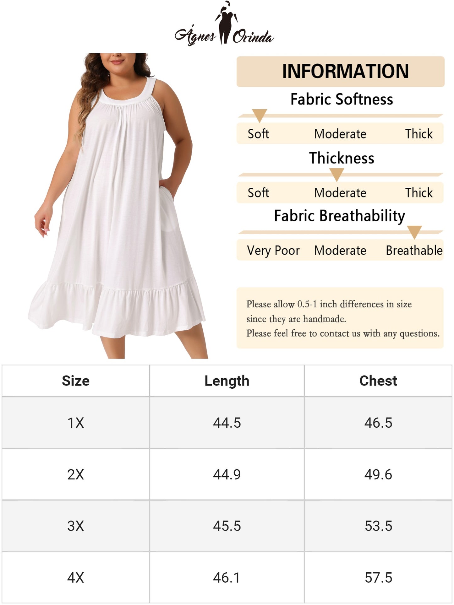 Women's Plus Size Nightgown Tank Sleeveless Sleepwear Wide Strap Chemise Pleated Nightdress with Pockets