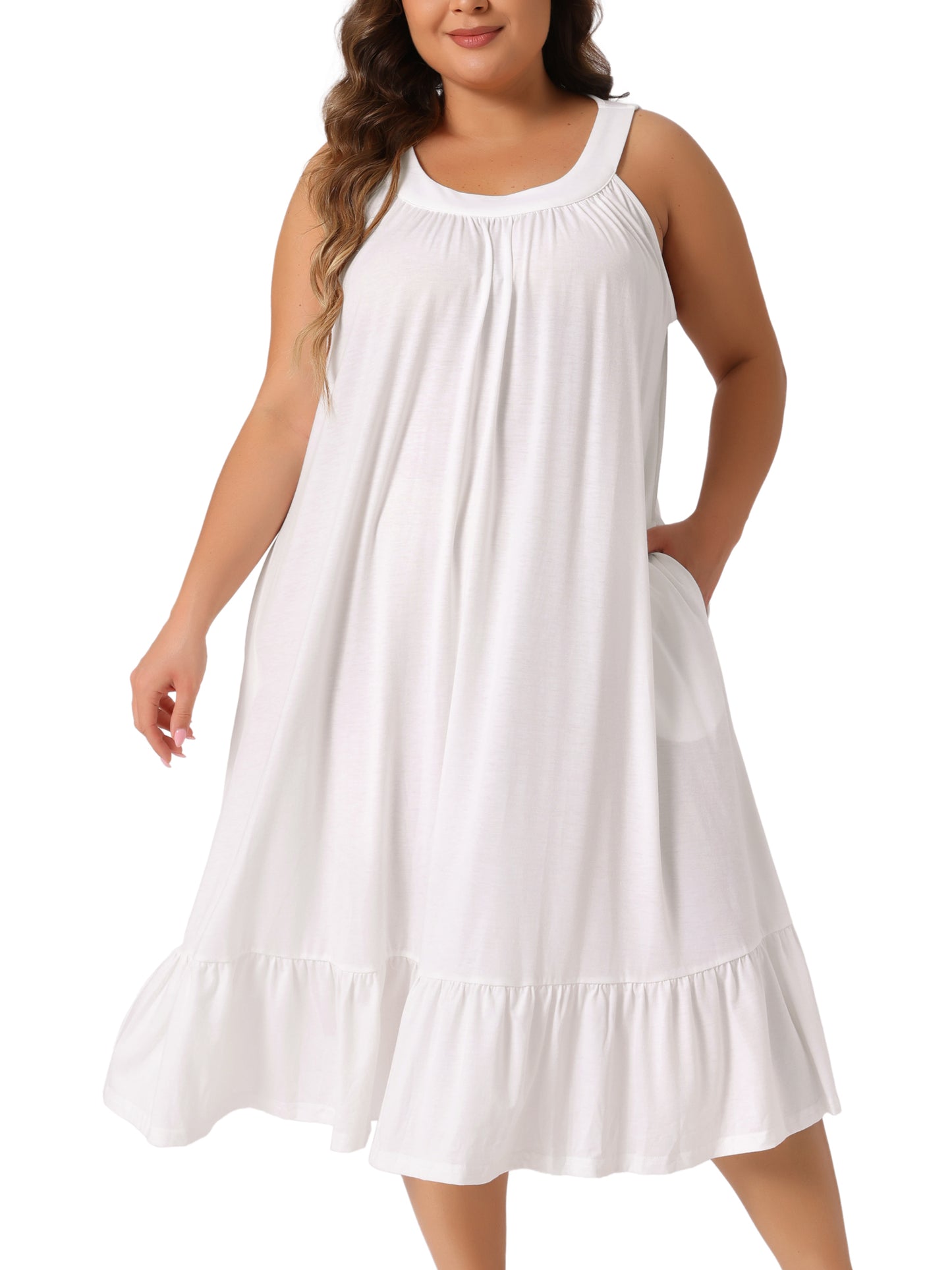 Women's Plus Size Nightgown Tank Sleeveless Sleepwear Wide Strap Chemise Pleated Nightdress with Pockets