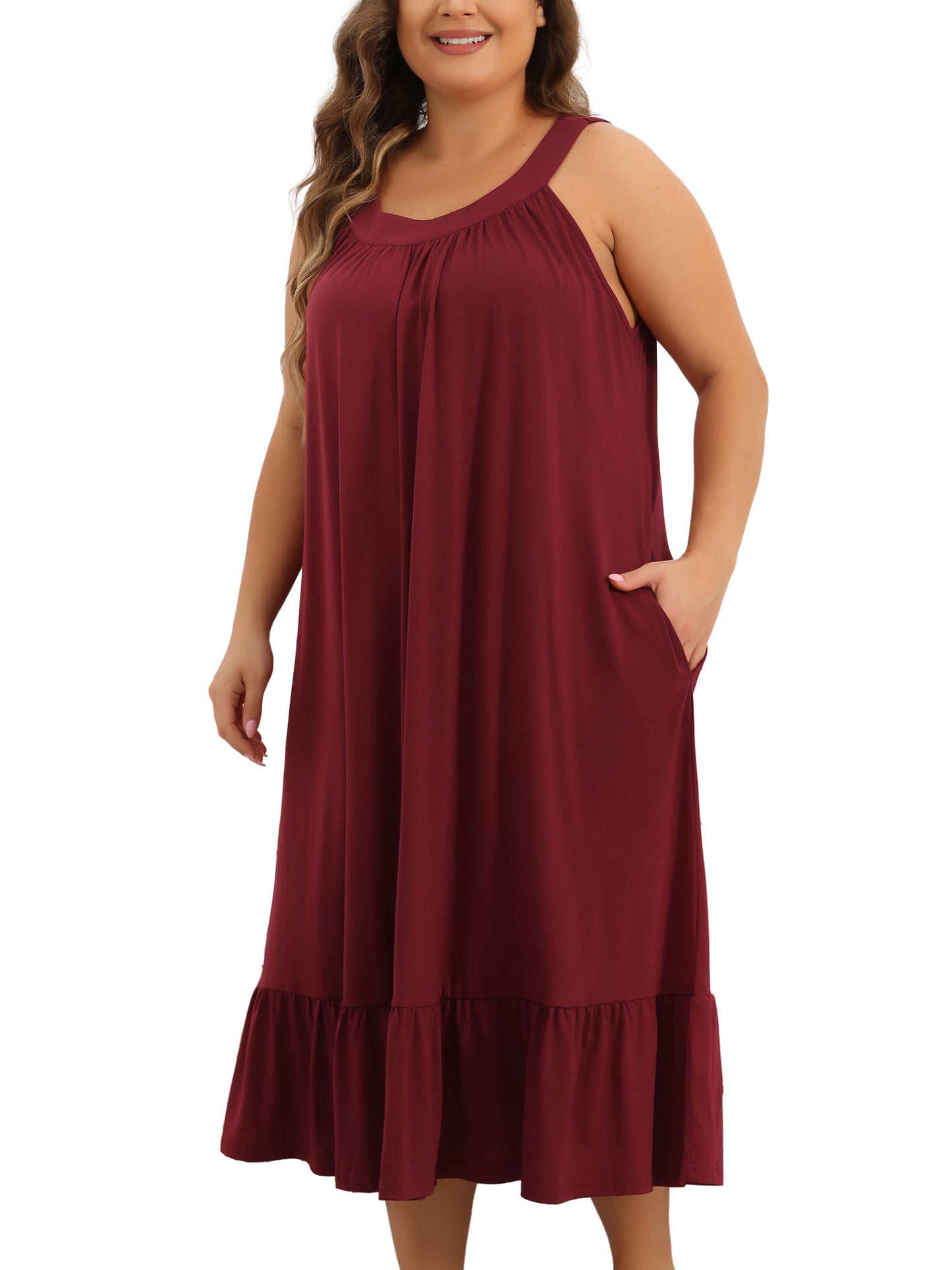 Camisón de talla grande para mujer, sin mangas, con tirantes anchos, plisado y bolsillos