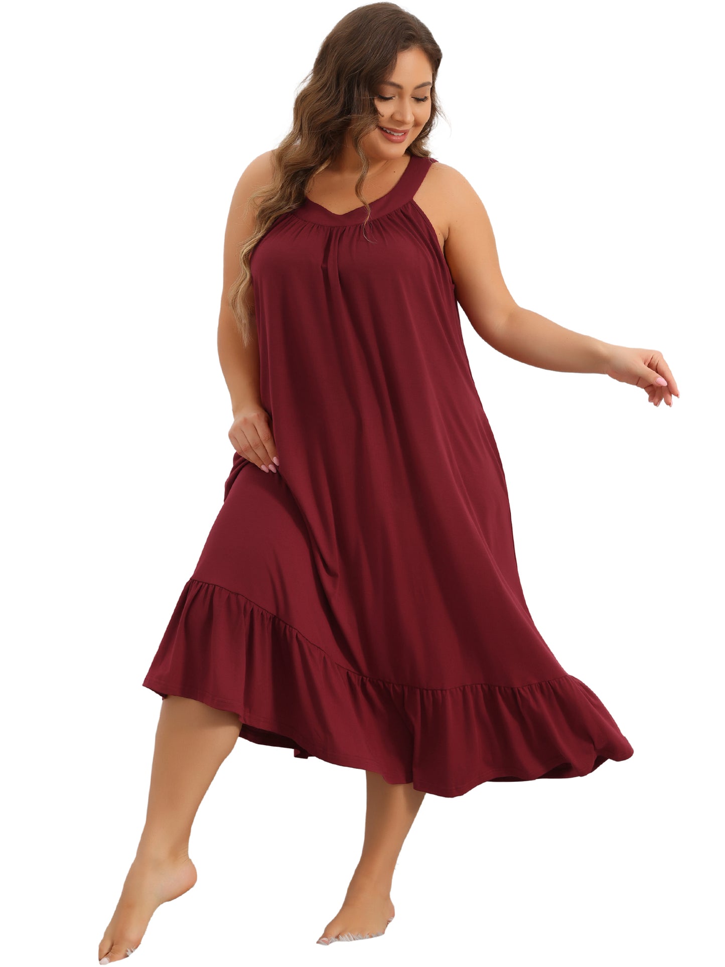 Camisón de talla grande para mujer, sin mangas, con tirantes anchos, plisado y bolsillos