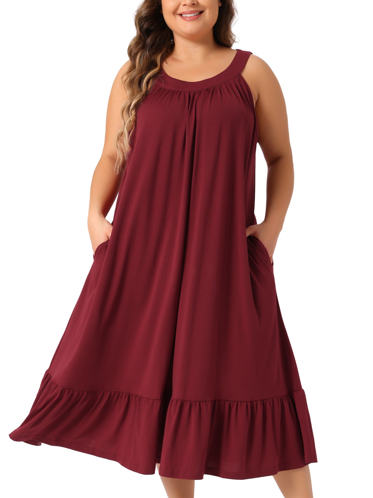 Camisón de talla grande para mujer, sin mangas, con tirantes anchos, plisado y bolsillos