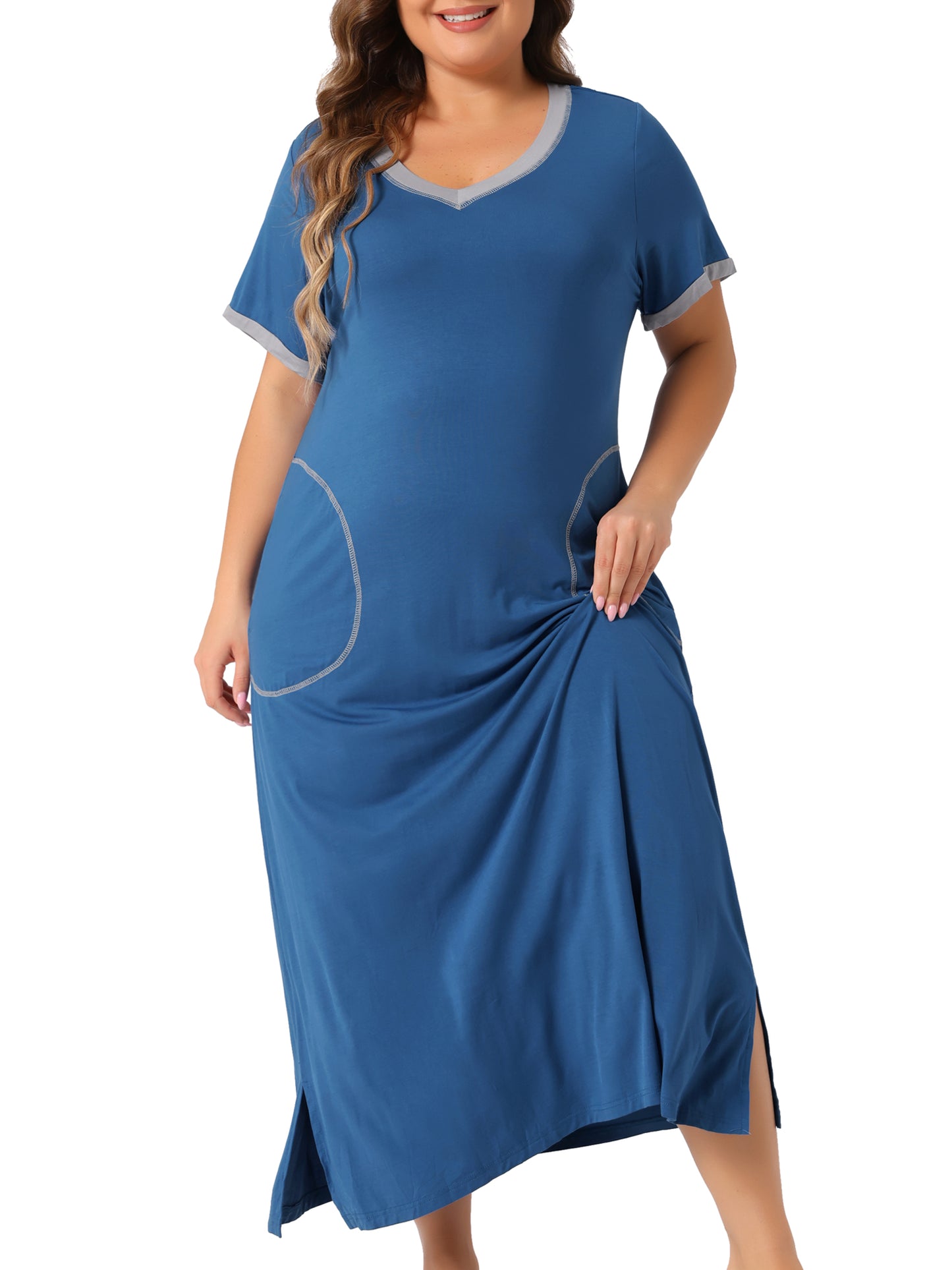 Women's Plus Size Long Nightgowns Short Sleeve Loungewear V Neck Sleepwear with Pockets