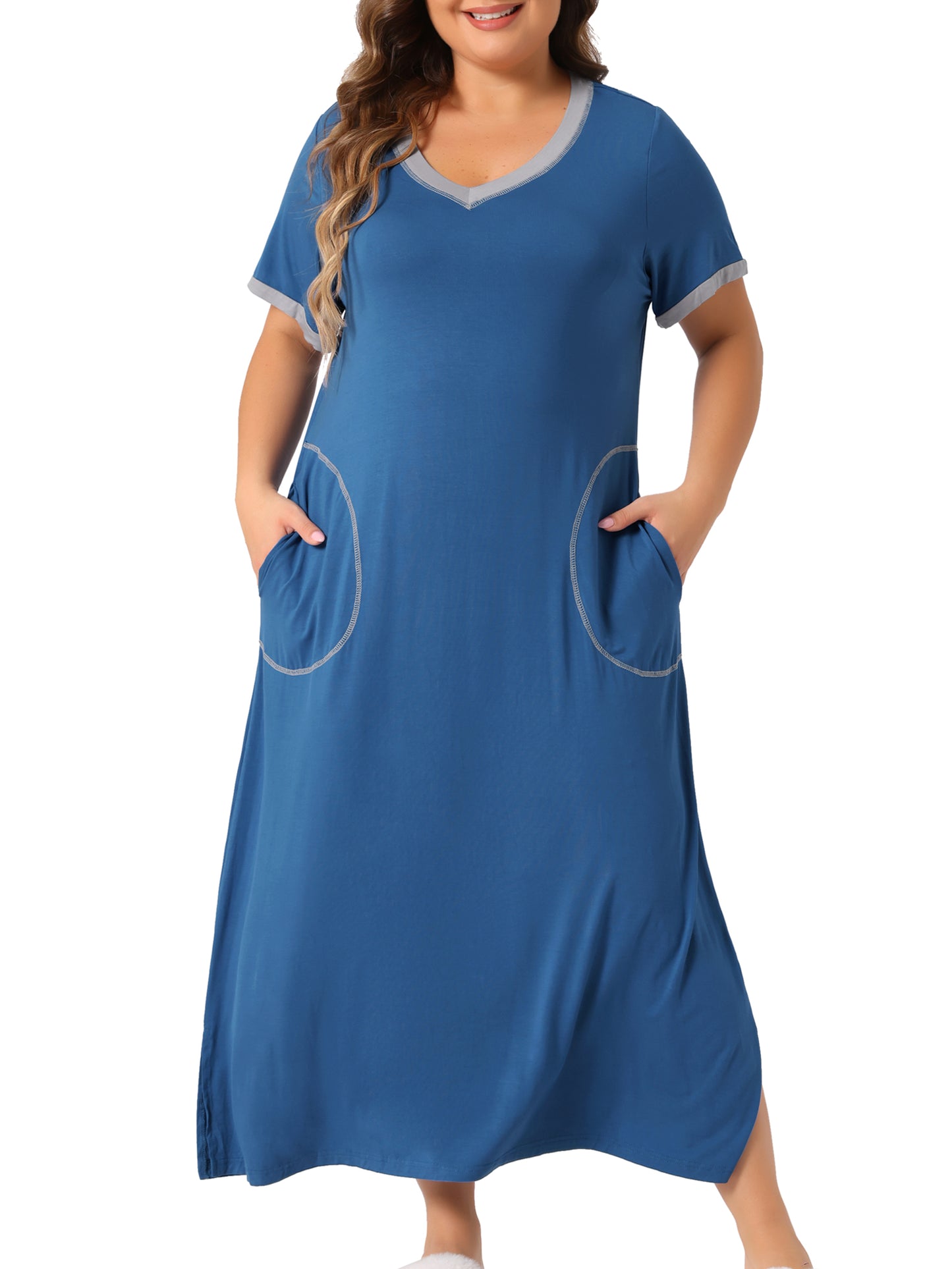 Women's Plus Size Long Nightgowns Short Sleeve Loungewear V Neck Sleepwear with Pockets