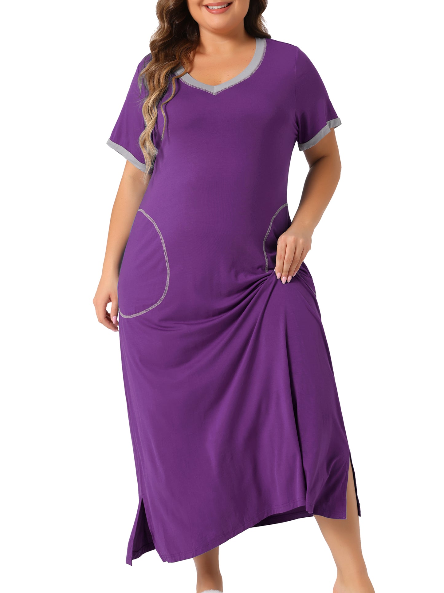 Women's Plus Size Long Nightgowns Short Sleeve Loungewear V Neck Sleepwear with Pockets
