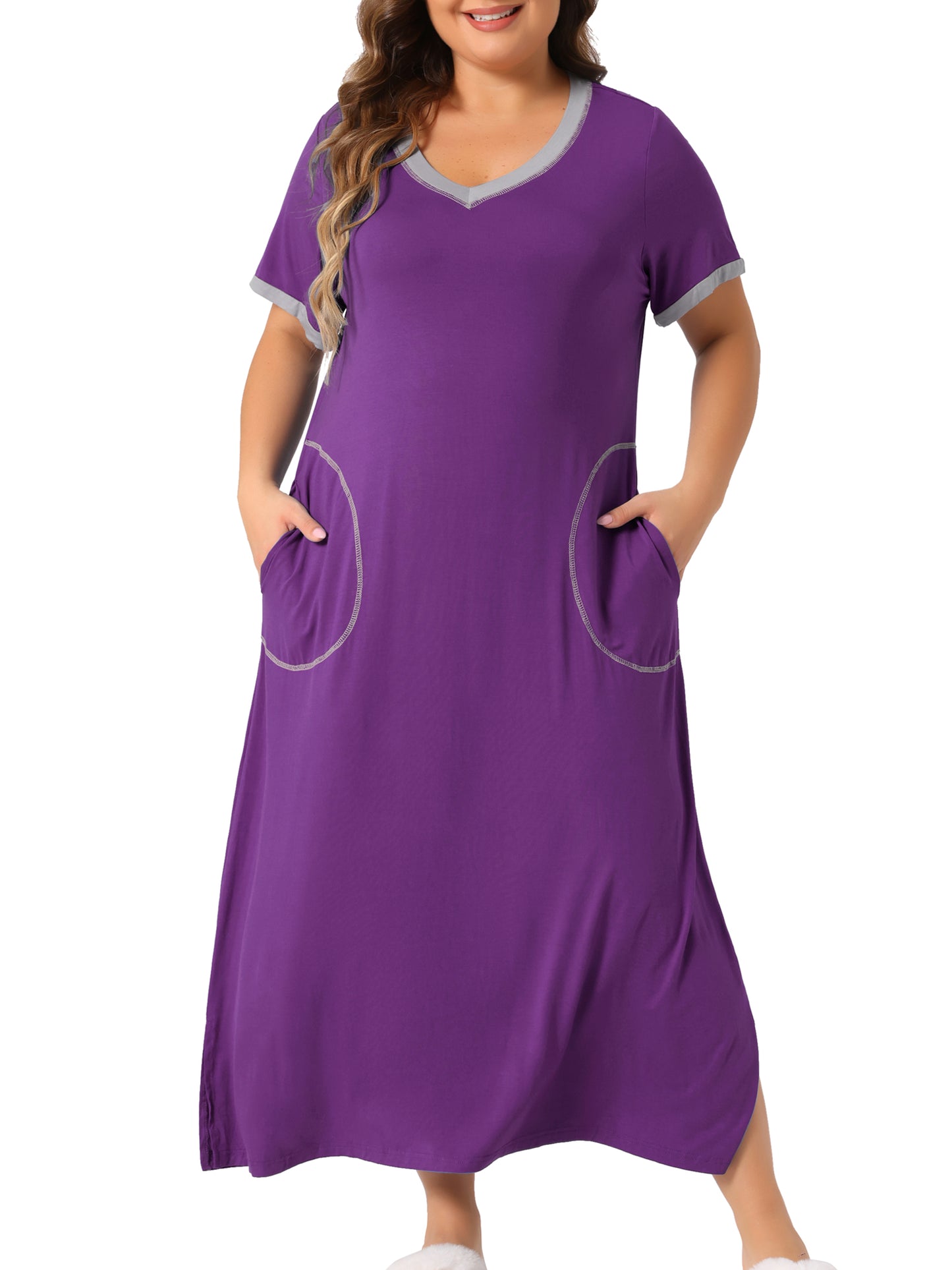 Women's Plus Size Long Nightgowns Short Sleeve Loungewear V Neck Sleepwear with Pockets
