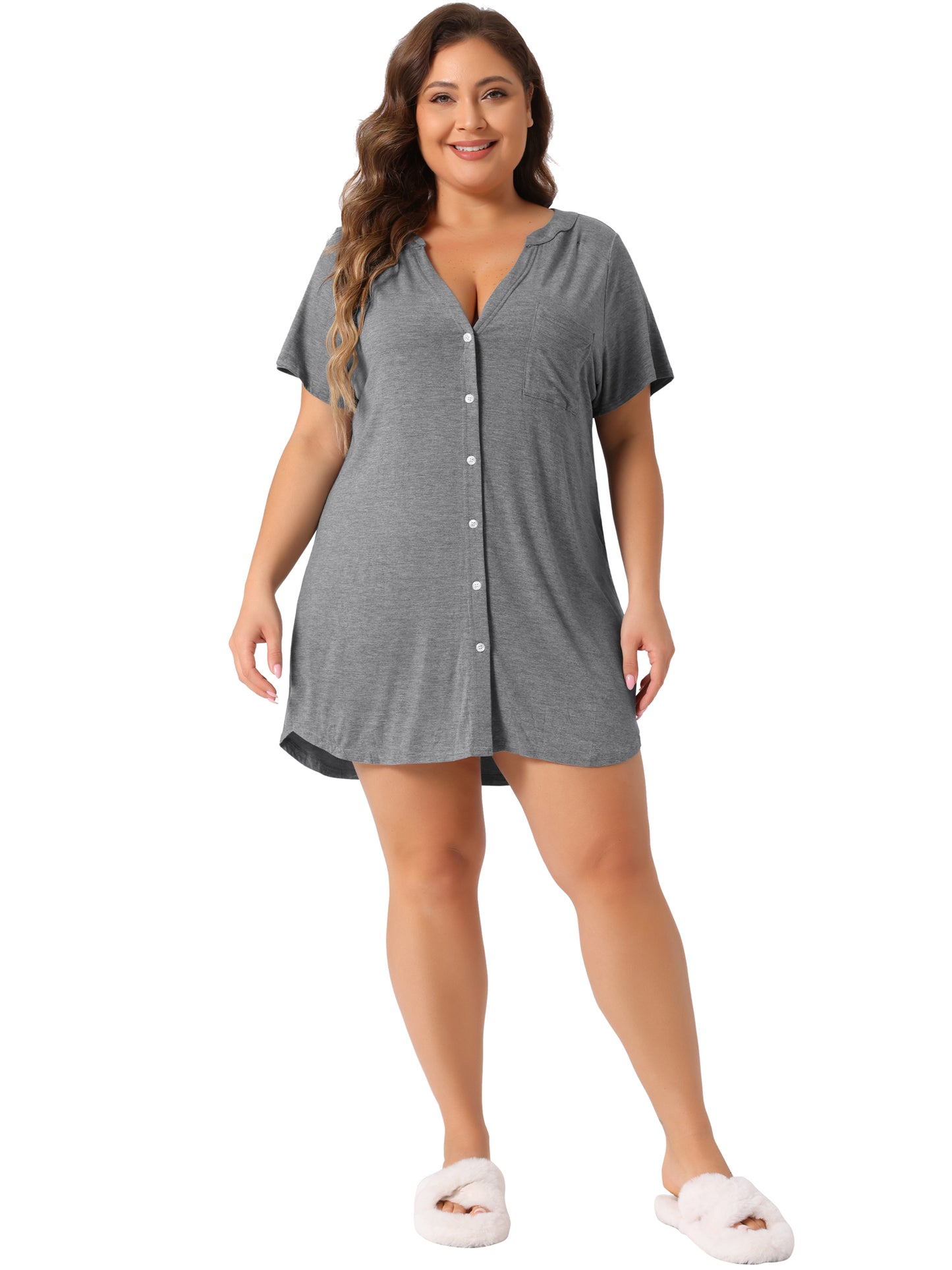 Camisón de manga corta con cuello en V y botones para mujer, talla grande