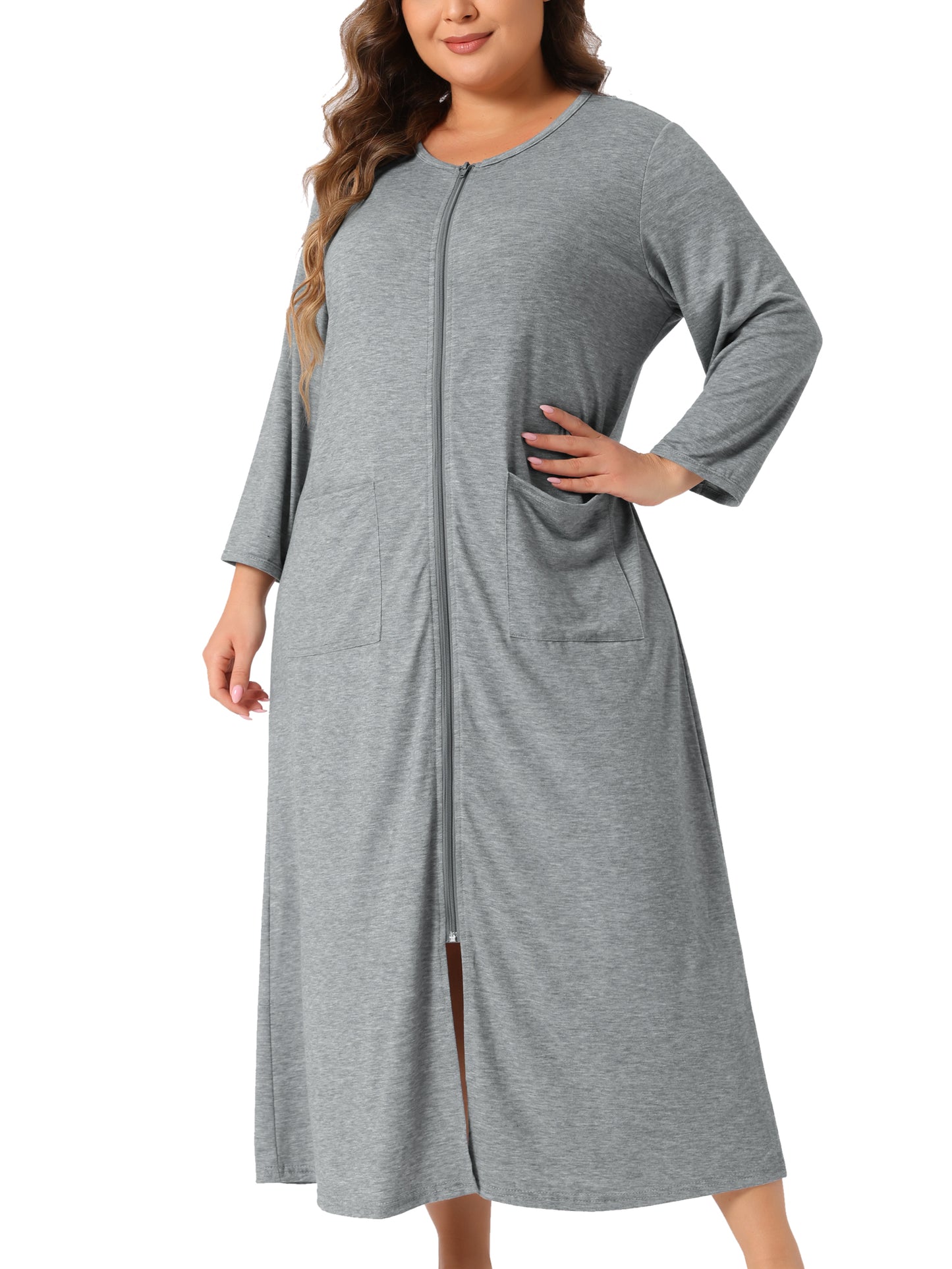 Bata de dormir de talla grande para mujer, con cremallera frontal, manga corta, camisón corto con bolsillos