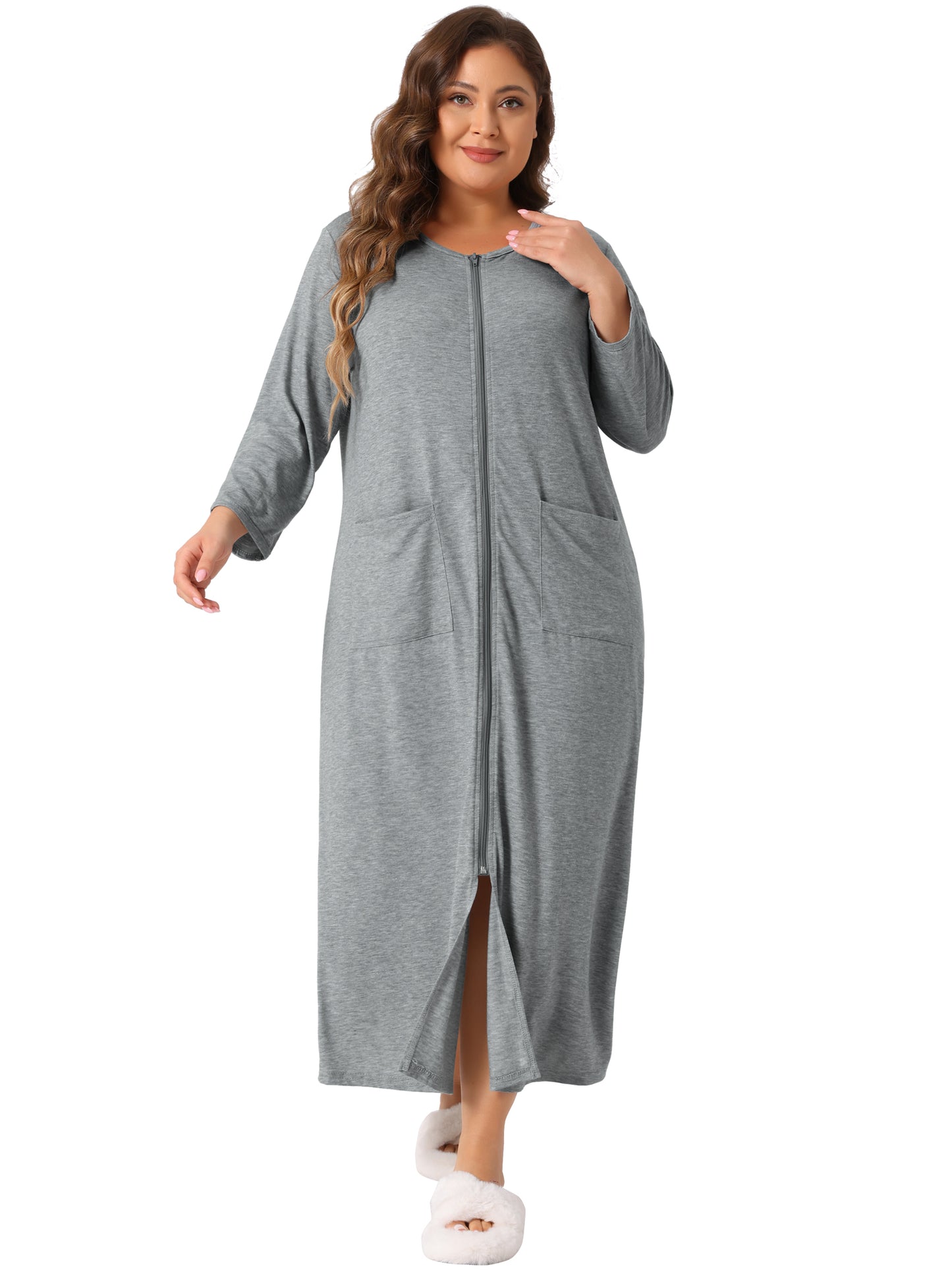 Bata de dormir de talla grande para mujer, con cremallera frontal, manga corta, camisón corto con bolsillos