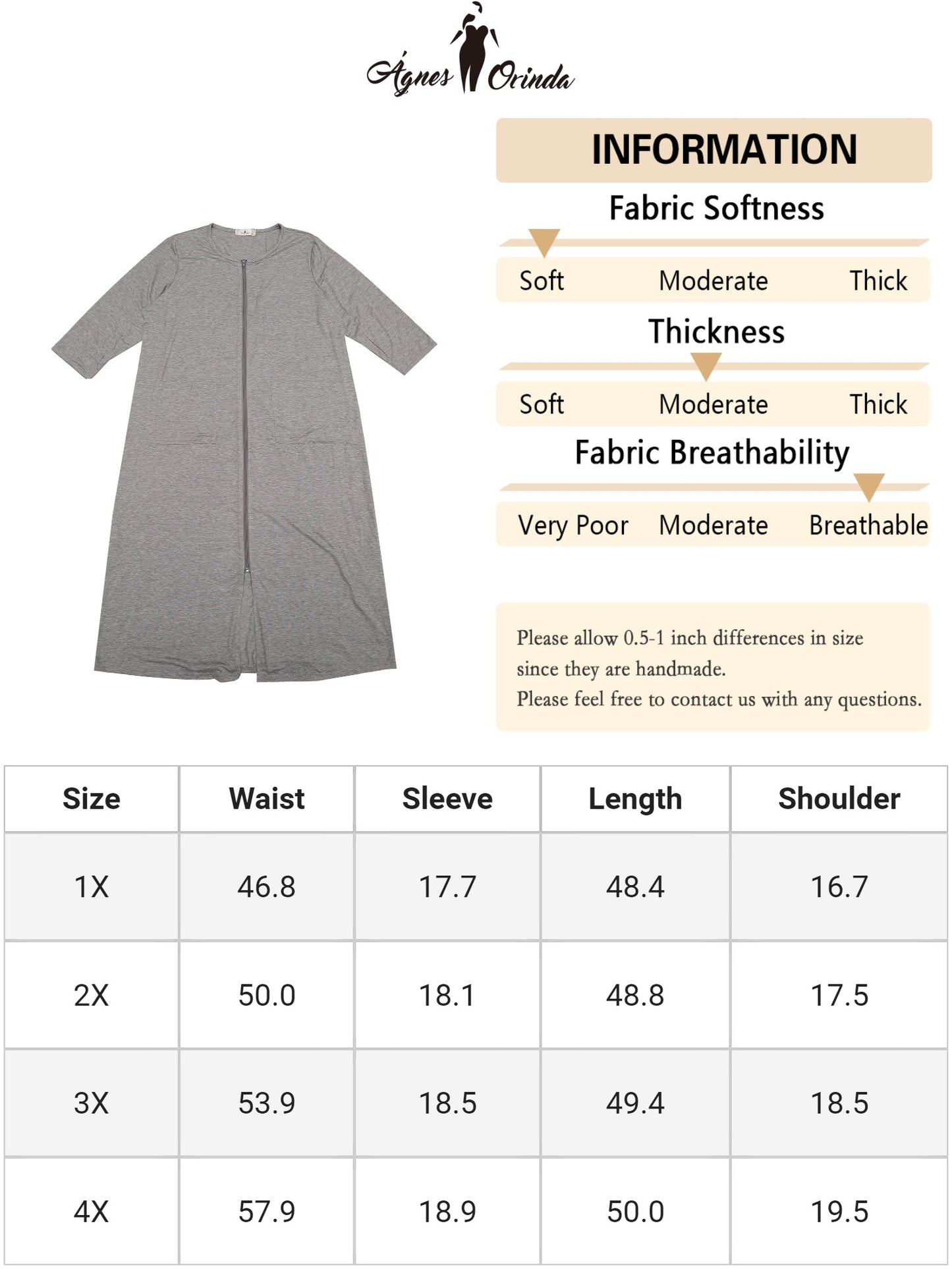 Bata de dormir de talla grande para mujer, con cremallera frontal, manga corta, camisón corto con bolsillos