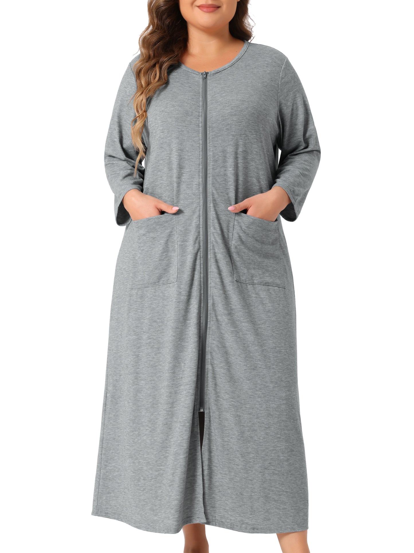 Bata de dormir de talla grande para mujer, con cremallera frontal, manga corta, camisón corto con bolsillos