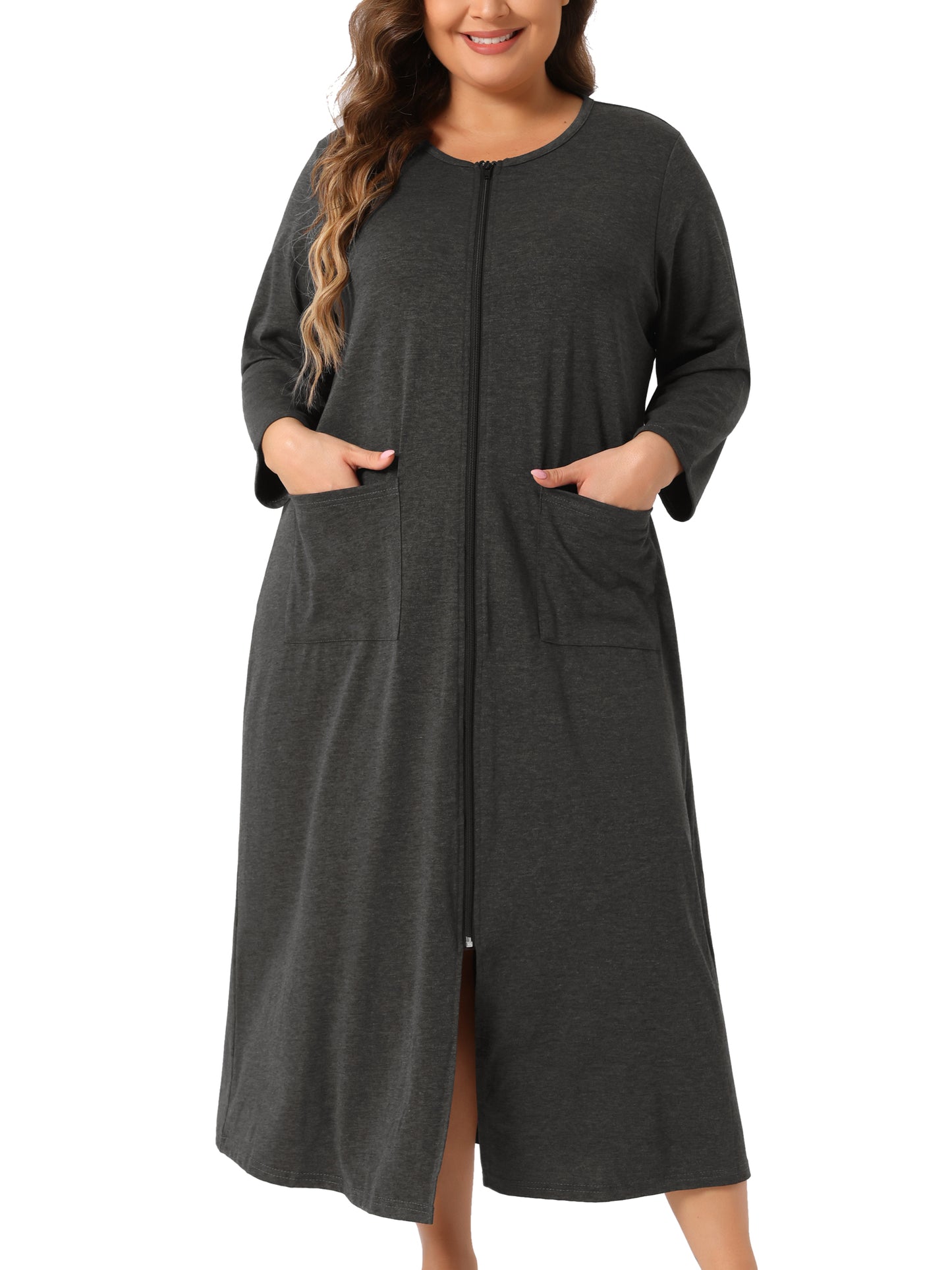 Bata de dormir de talla grande para mujer, con cremallera frontal, manga corta, camisón corto con bolsillos