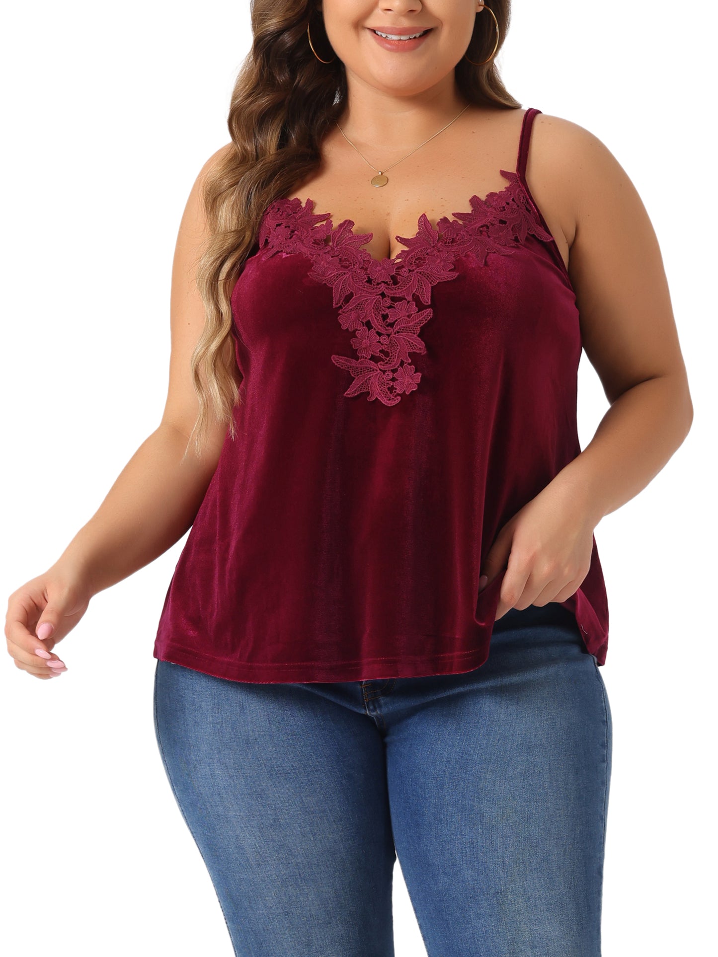 Women Plus Size Tank Tops V Neck Lace Floral Panel Spaghetti Strap Cami Velvet Tank Top