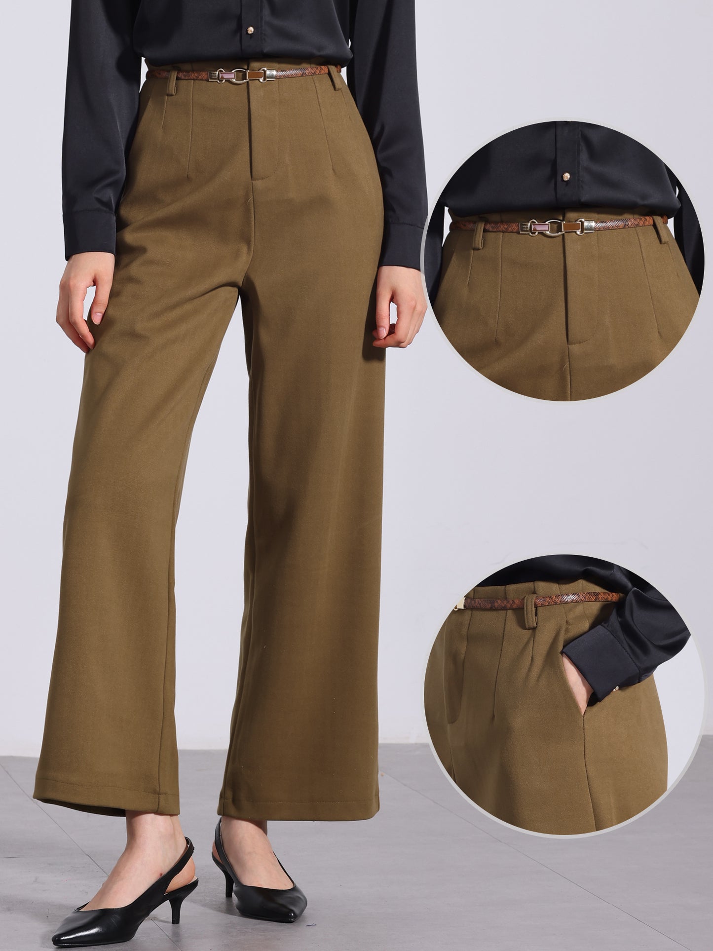 Women's Pants Fall Winter Wool Blend High Waist Wide Leg Zipper Pockets Belt Business Casual Pants
