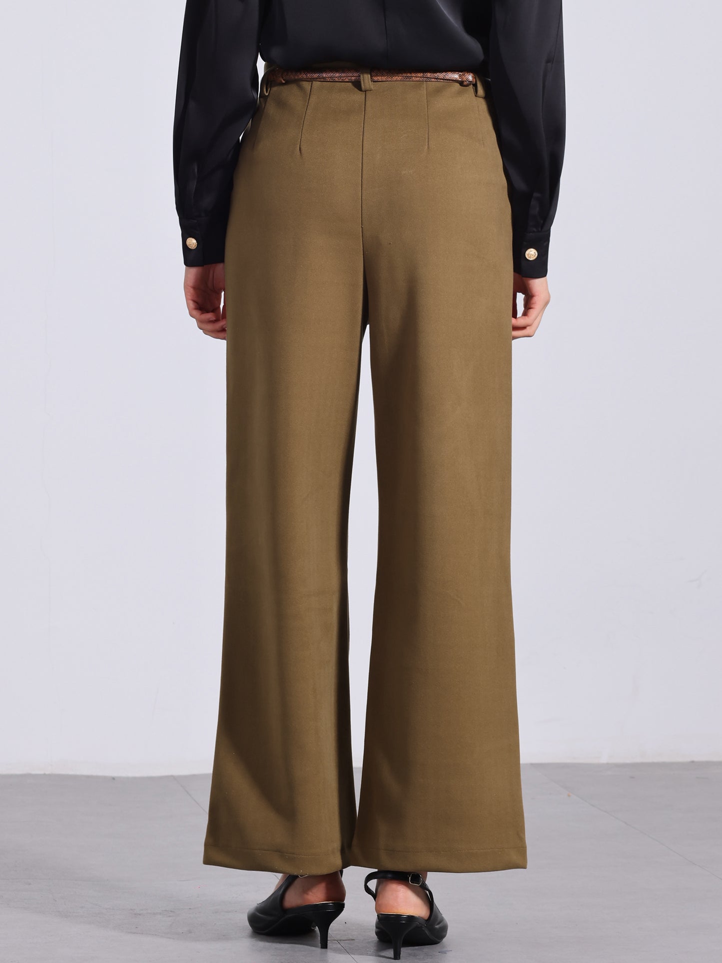 Women's Pants Fall Winter Wool Blend High Waist Wide Leg Zipper Pockets Belt Business Casual Pants