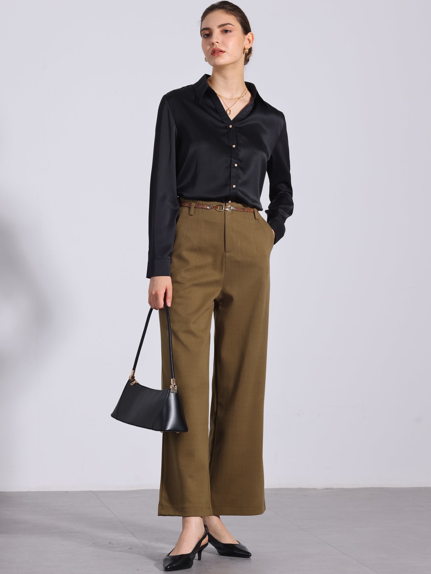 Women's Pants Fall Winter Wool Blend High Waist Wide Leg Zipper Pockets Belt Business Casual Pants