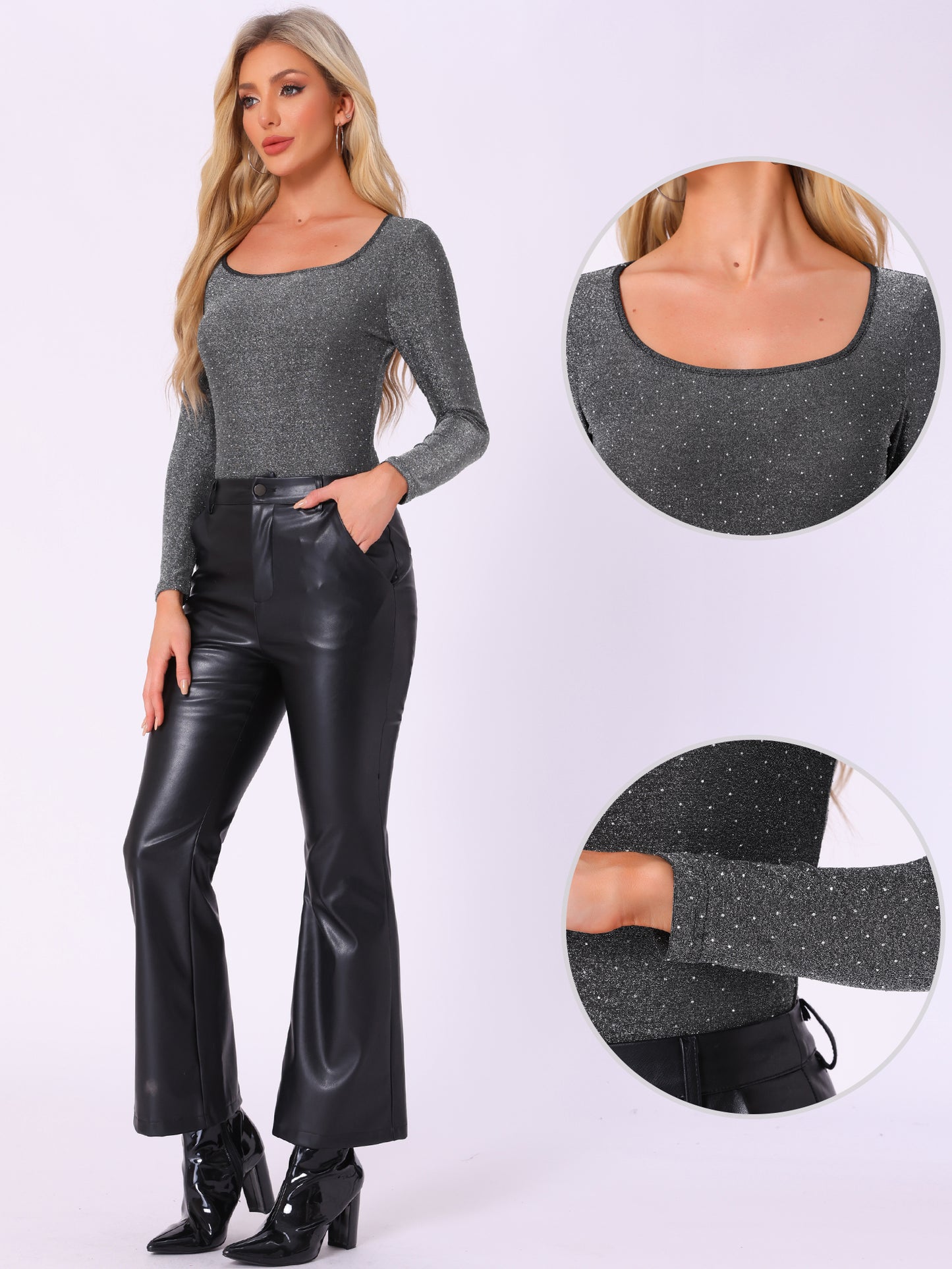 Women's Party Bodysuits Metallic Shiny Dots Square Neck Long Sleeve Top