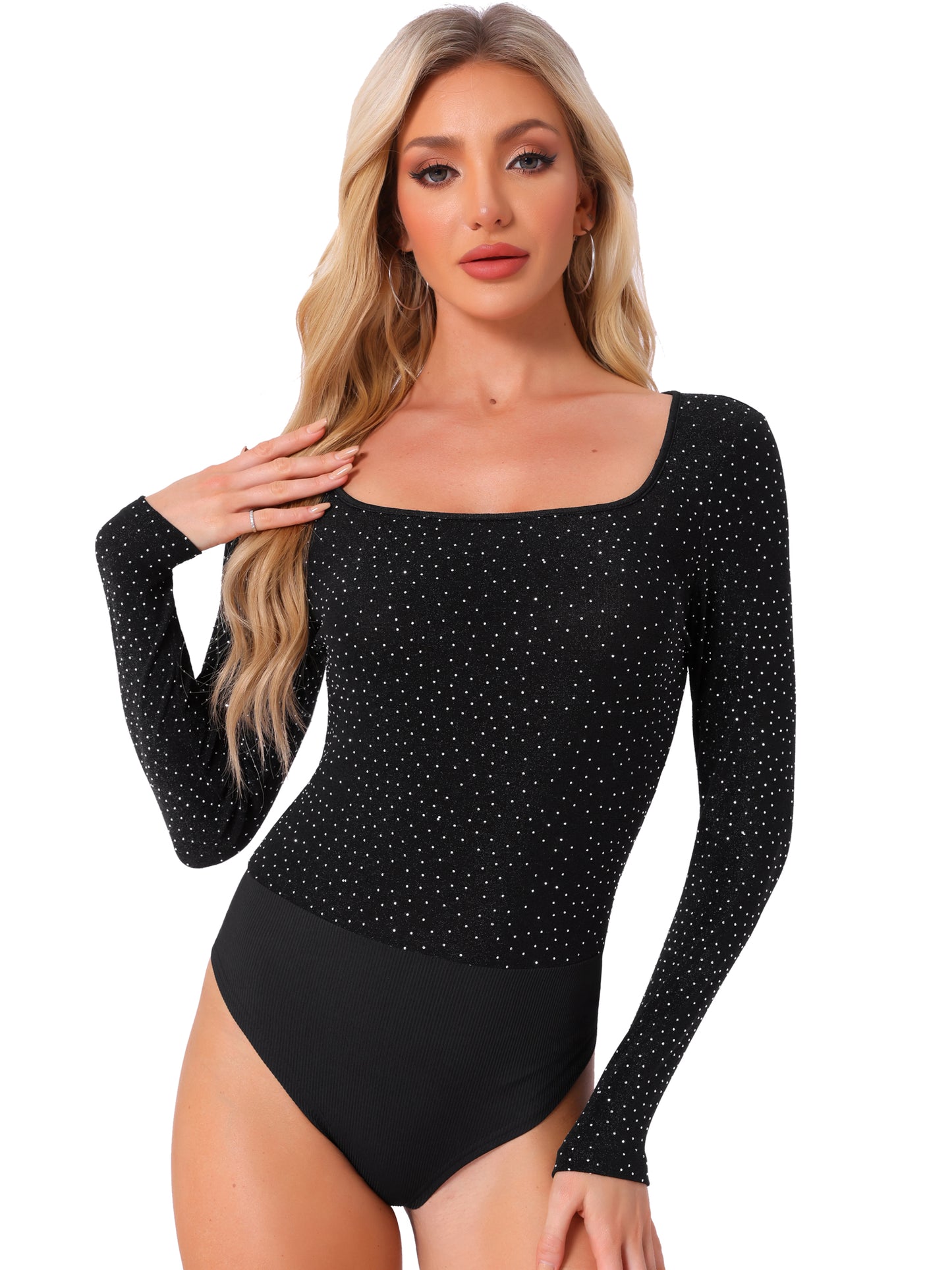 Women's Party Bodysuits Metallic Shiny Dots Square Neck Long Sleeve Top