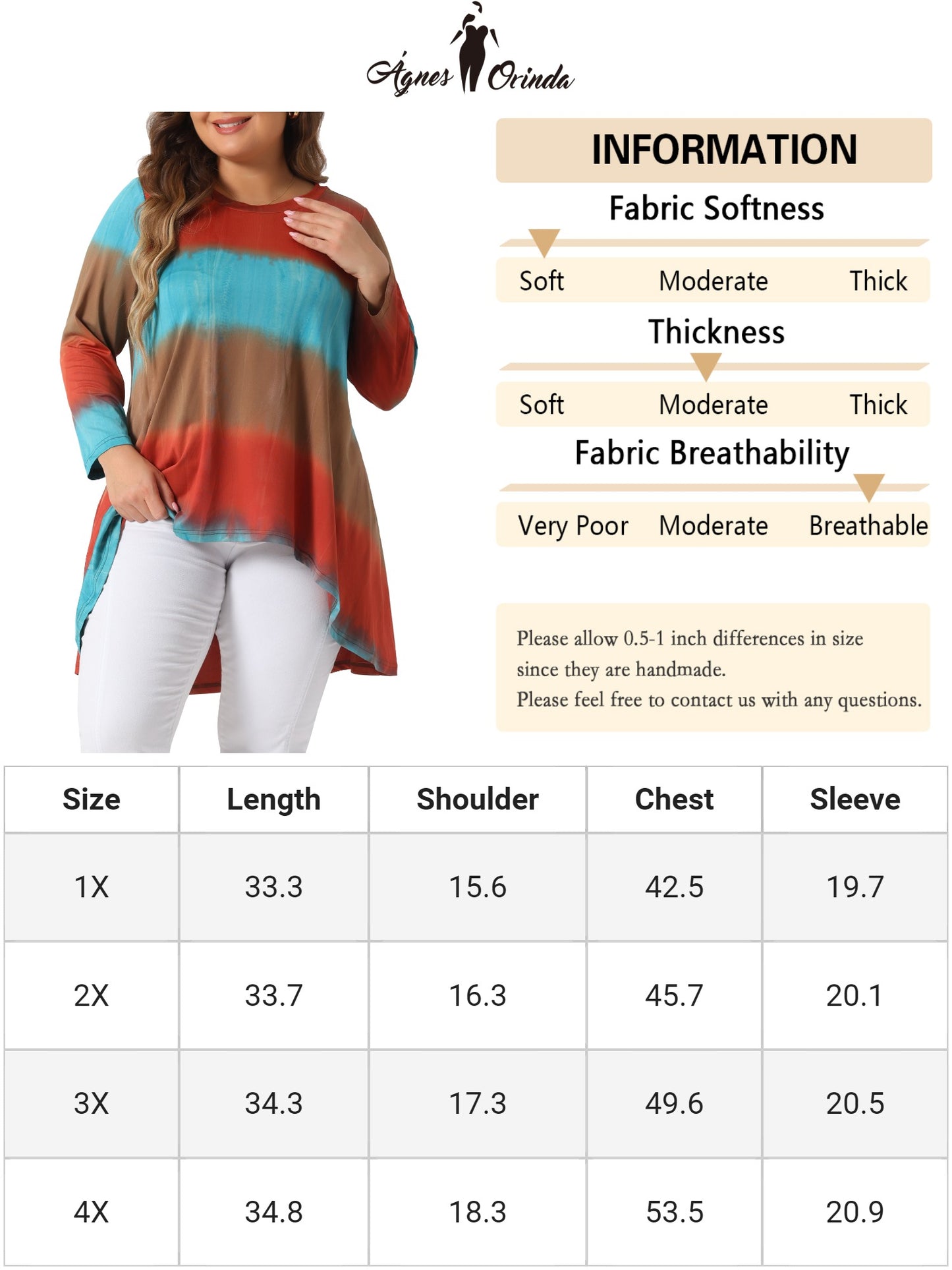 Women Plus Size Tops Tie Dye Crew Neck 3/4 Sleeve High Low Tunic Tee T-Shirt