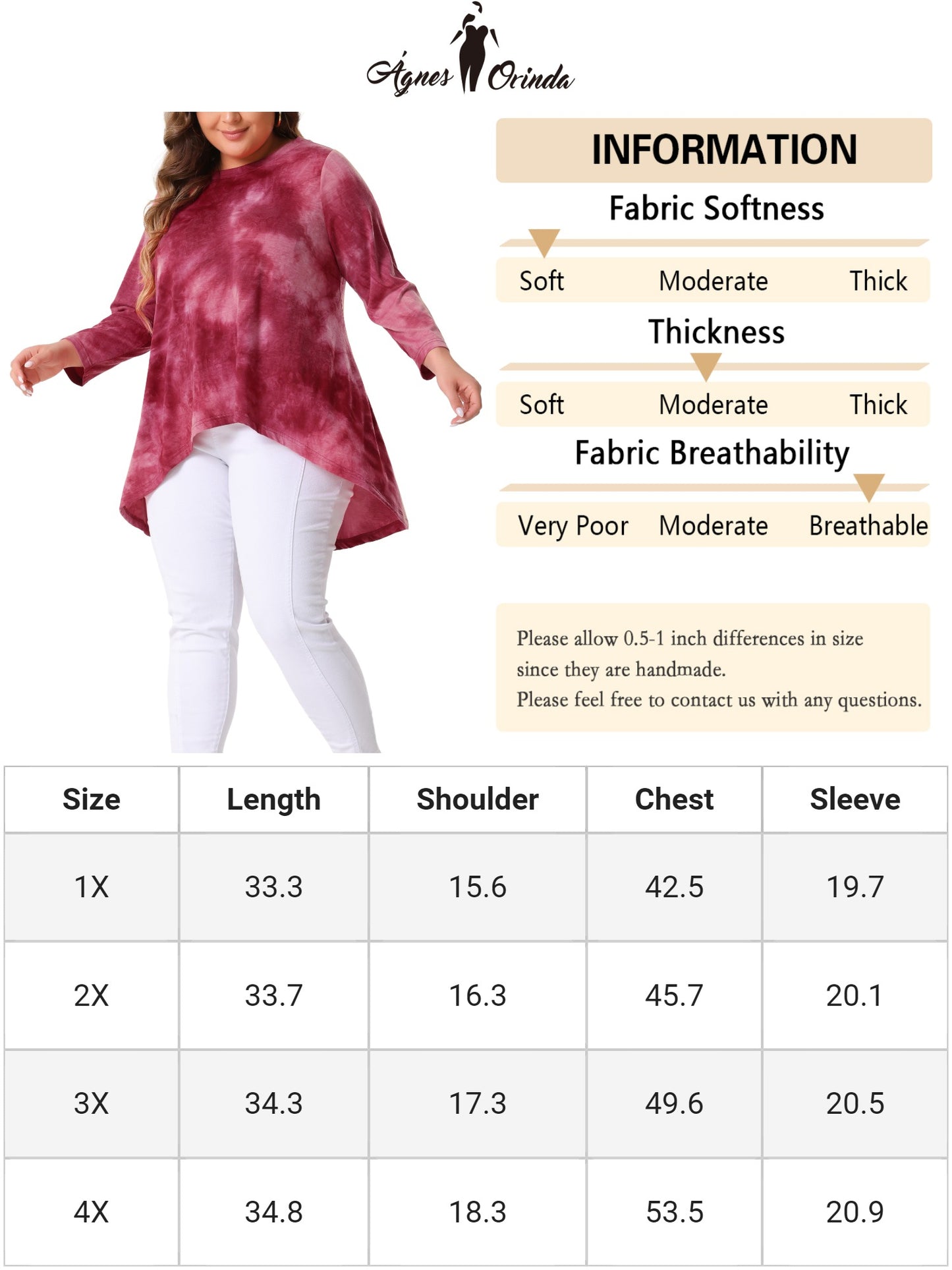 Women Plus Size Tops Tie Dye Crew Neck 3/4 Sleeve High Low Tunic Tee T-Shirt