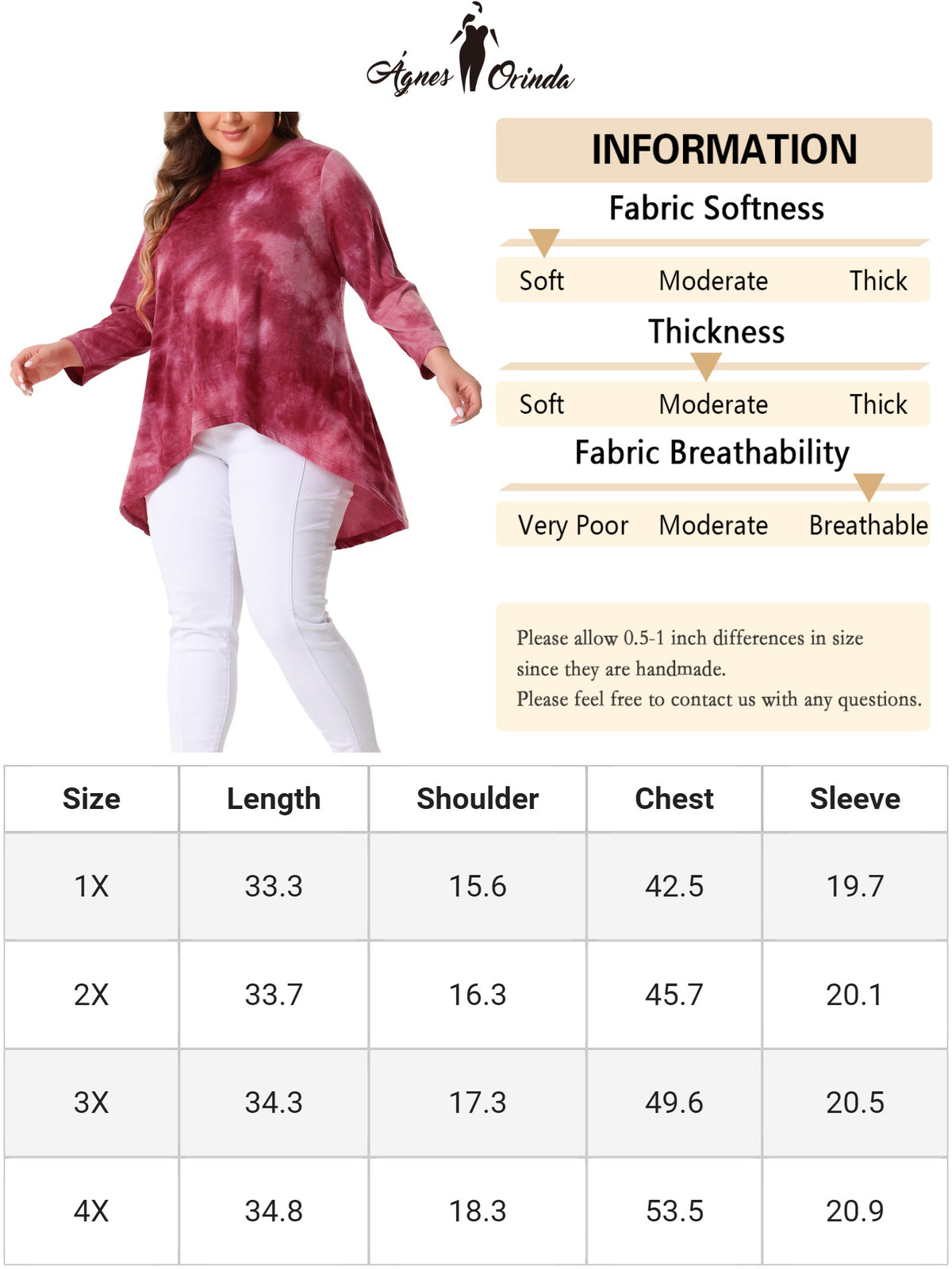Women Plus Size Top Tie Dye Crew Neck 3/4 Sleeve High Low Tunic Tee T-Shirt