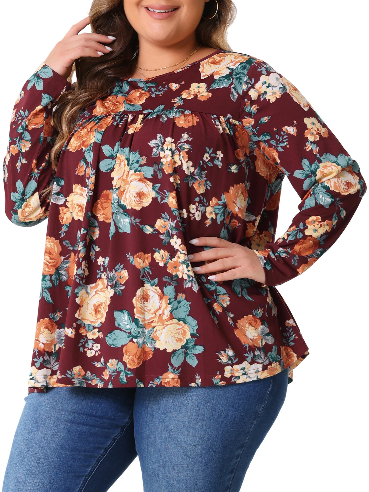 Women Plus Size Tops Long Sleeve Tunic Pleated Crew Neck Dressy Casual Fall Blouse