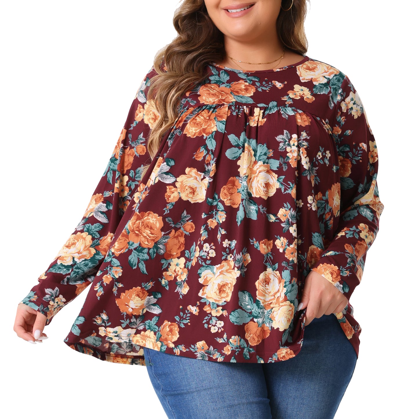 Women Plus Size Tops Long Sleeve Tunic Pleated Crew Neck Dressy Casual Fall Blouse