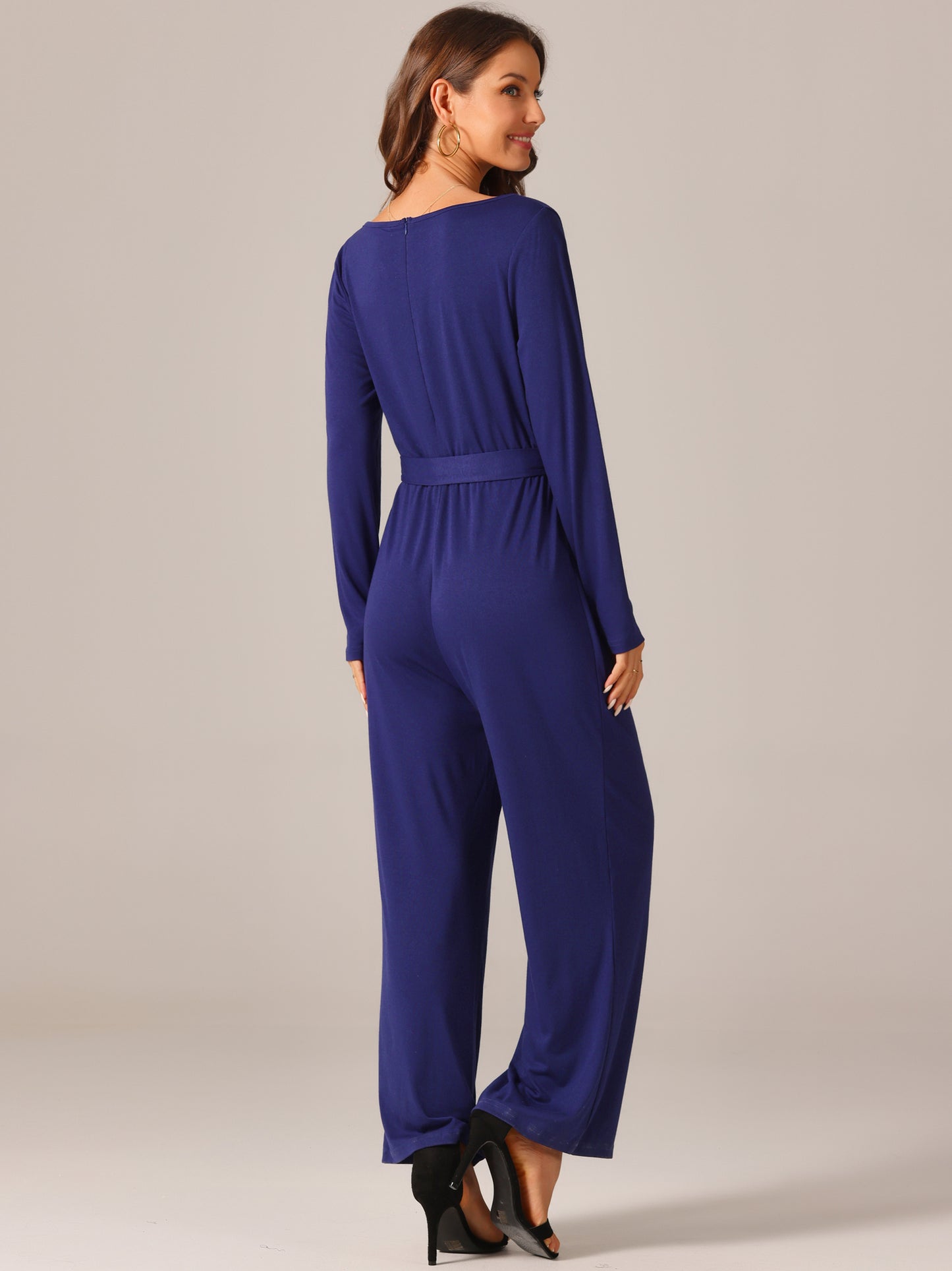 Women's V Neck Long Sleeve Jumpsuit Belted Back Zipper Stretchy Wide Leg Long Pant Romper