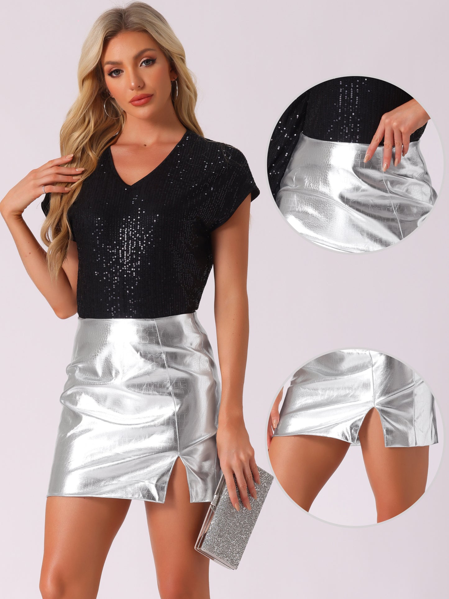 Women's Metallic Shiny High Waist Slit Sparkly Rave Party Bodycon Mini Skirts