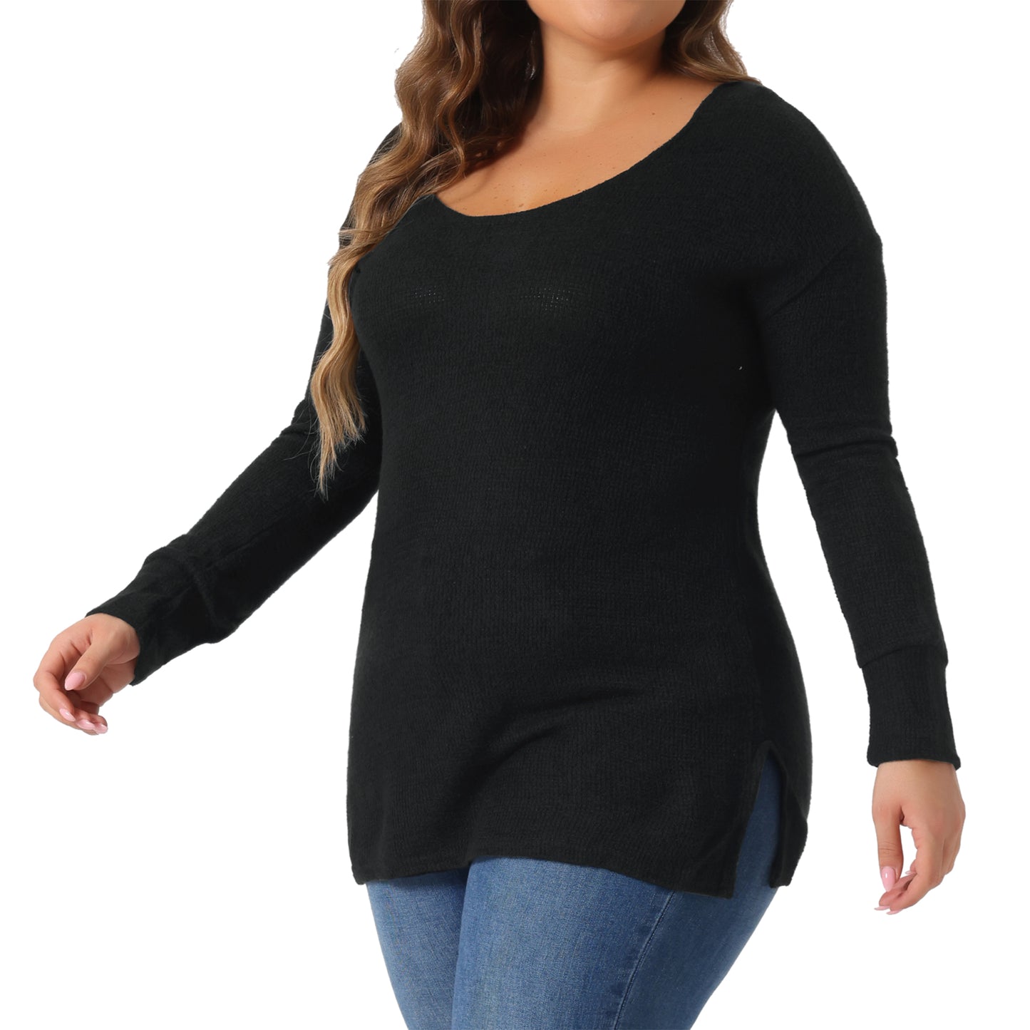 Women's Plus Size V Neck Waffle Knit Long Sleeve Shirts Basic Top Casual Sweater Pullover