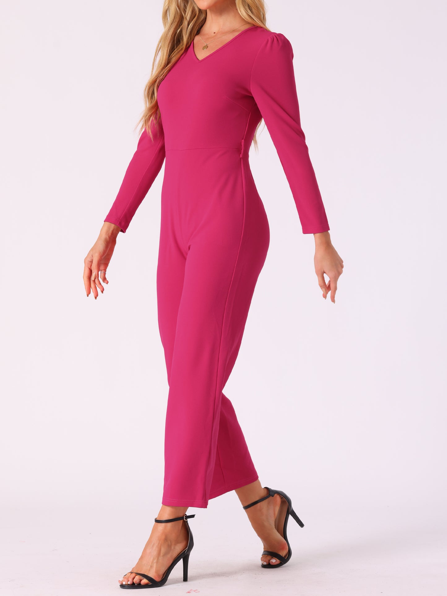 Women's V Neck Long Sleeve Tie Waist Wide Leg Long Pants Elegant Knit Jumpsuits