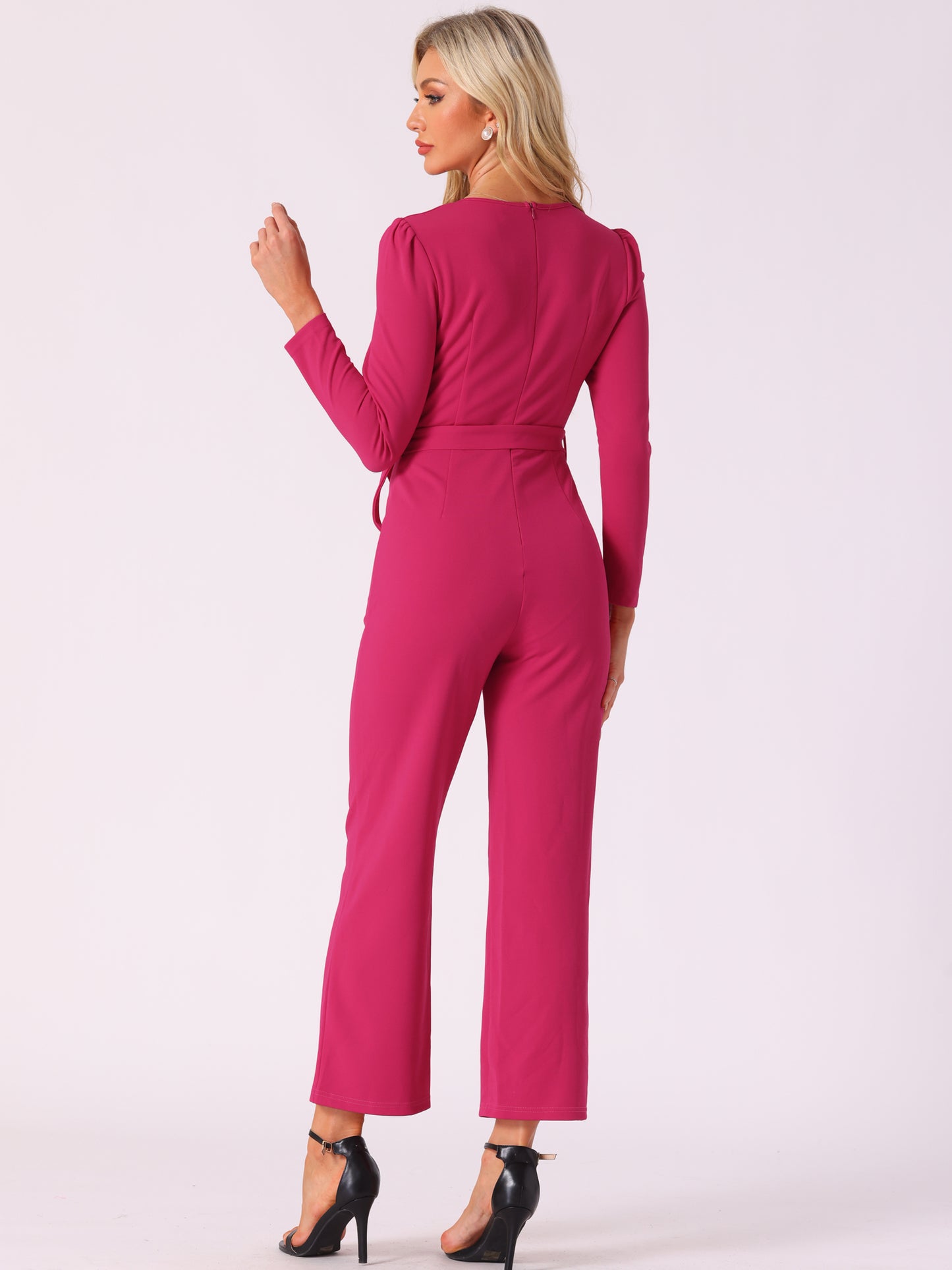 Women's V Neck Long Sleeve Tie Waist Wide Leg Long Pants Elegant Knit Jumpsuits