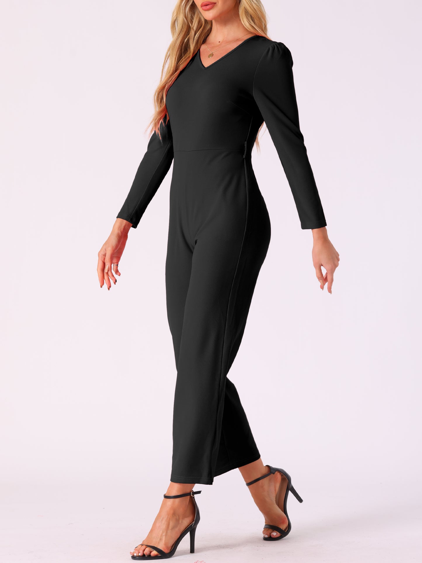 Women's V Neck Long Sleeve Tie Waist Wide Leg Long Pants Elegant Knit Jumpsuits