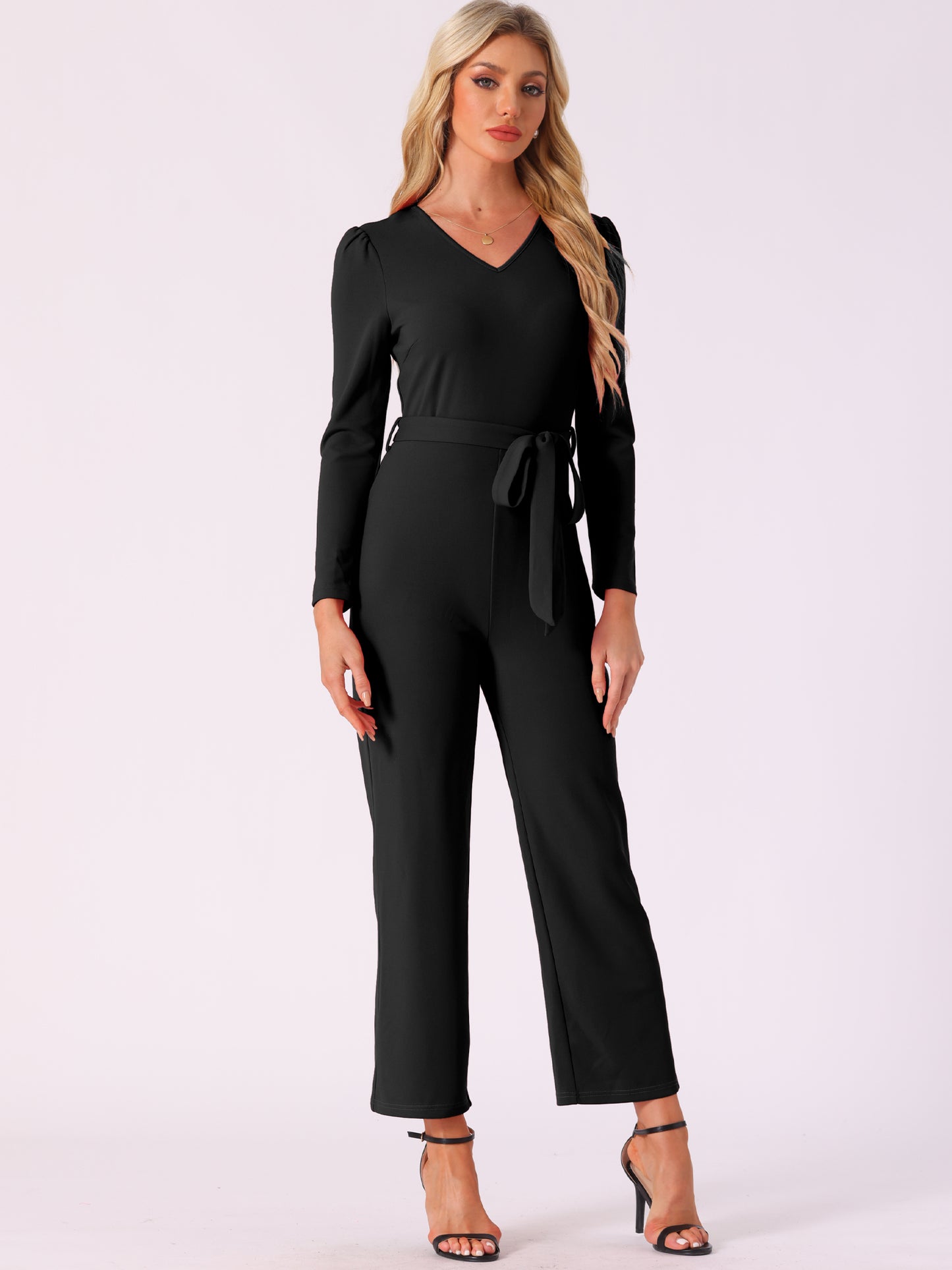 Women's V Neck Long Sleeve Tie Waist Wide Leg Long Pants Elegant Knit Jumpsuits