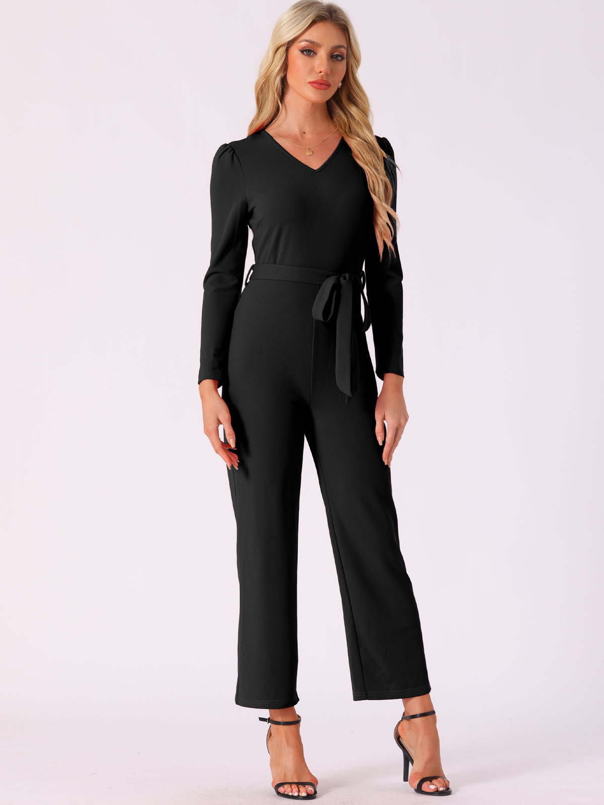 Women's V Neck Long Sleeve Tie Waist Wide Leg Long Pants Elegant Knit Jumpsuits