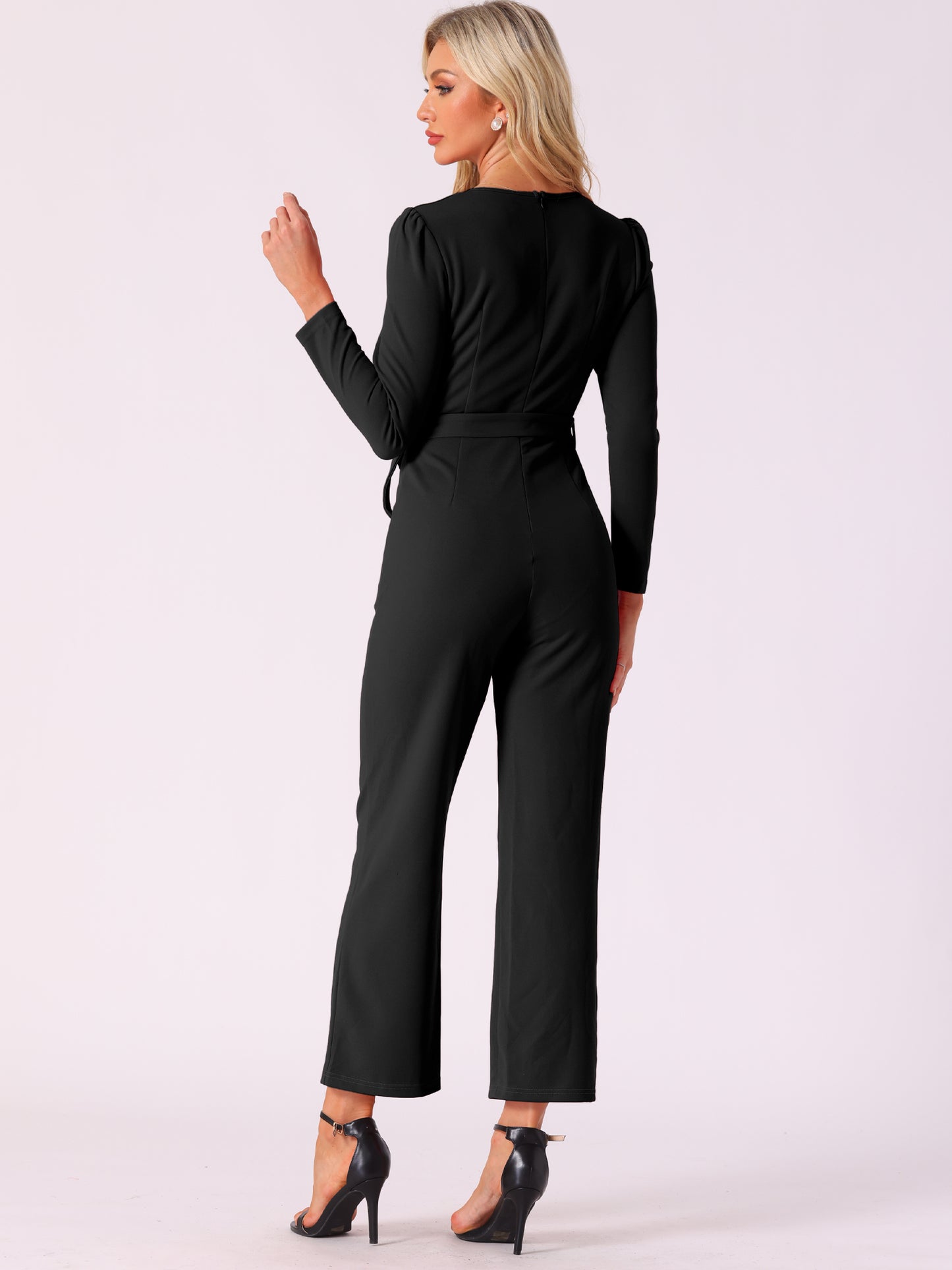 Women's V Neck Long Sleeve Tie Waist Wide Leg Long Pants Elegant Knit Jumpsuits