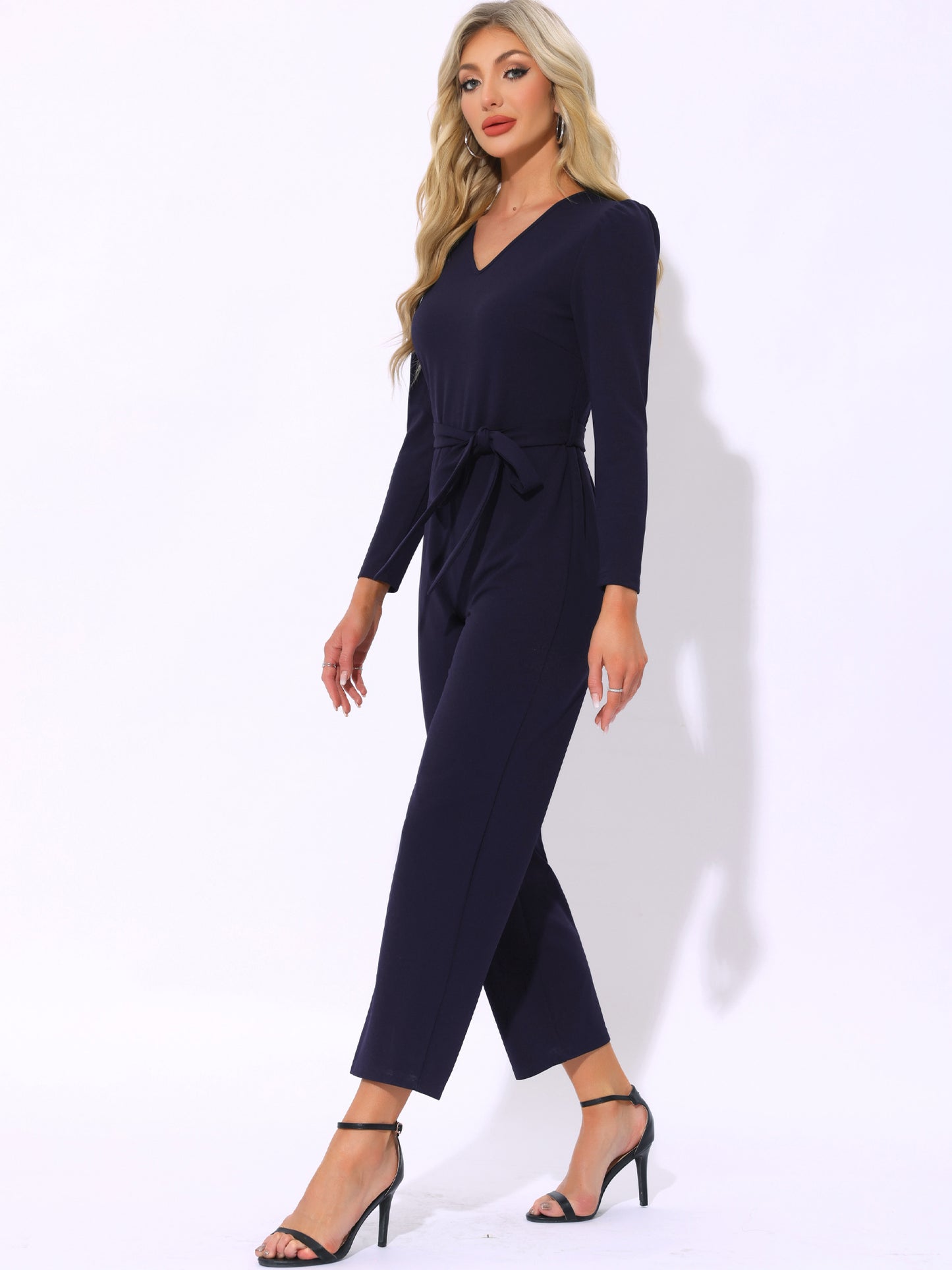 Women's V Neck Long Sleeve Tie Waist Wide Leg Long Pants Elegant Knit Jumpsuits