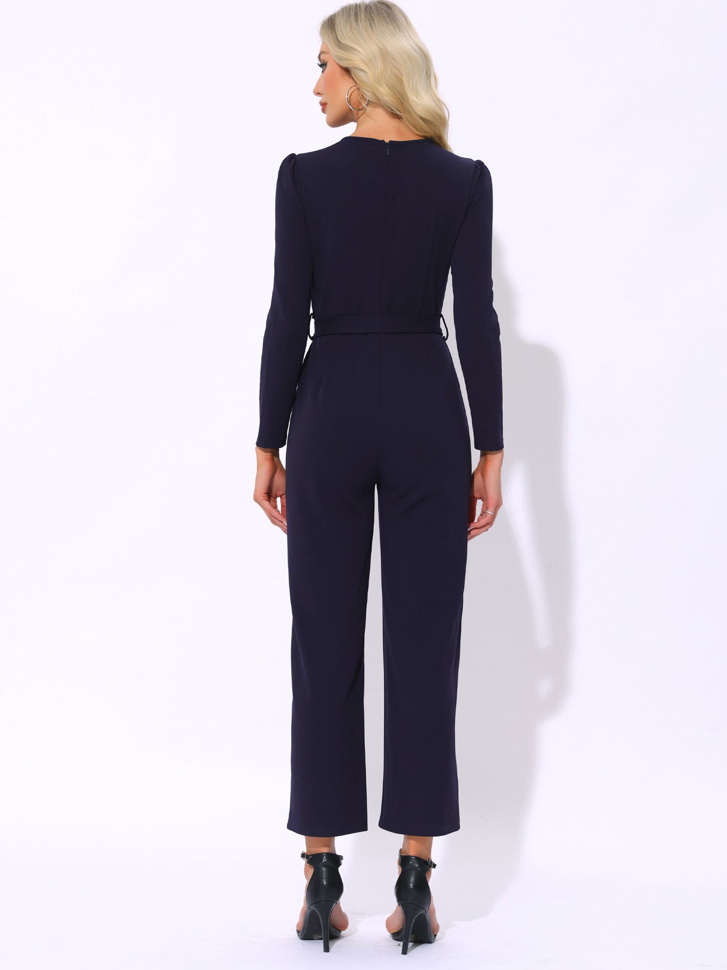 Women's V Neck Long Sleeve Tie Waist Wide Leg Long Pants Elegant Knit Jumpsuits