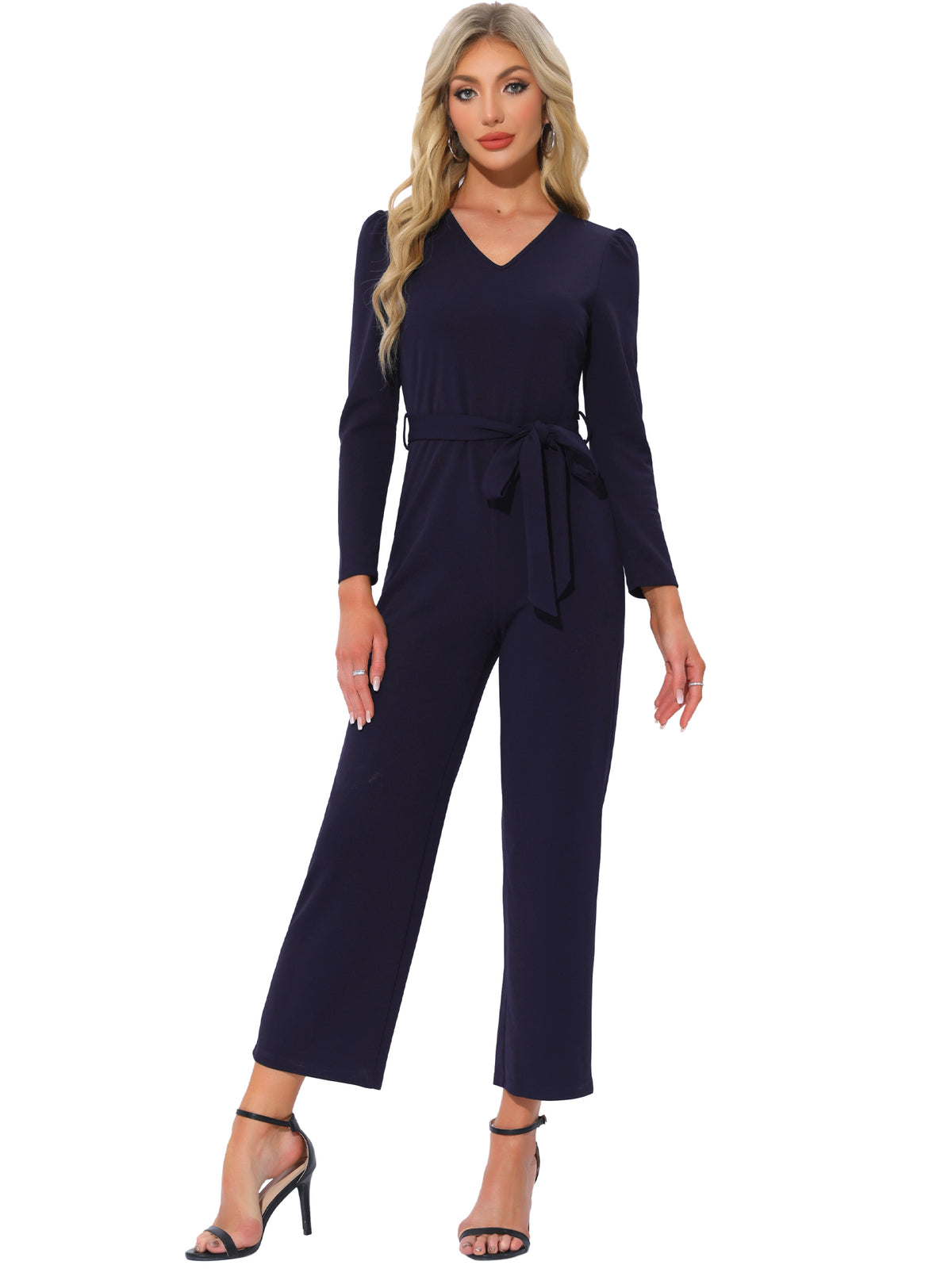 Women's V Neck Long Sleeve Tie Waist Wide Leg Long Pants Elegant Knit Jumpsuits