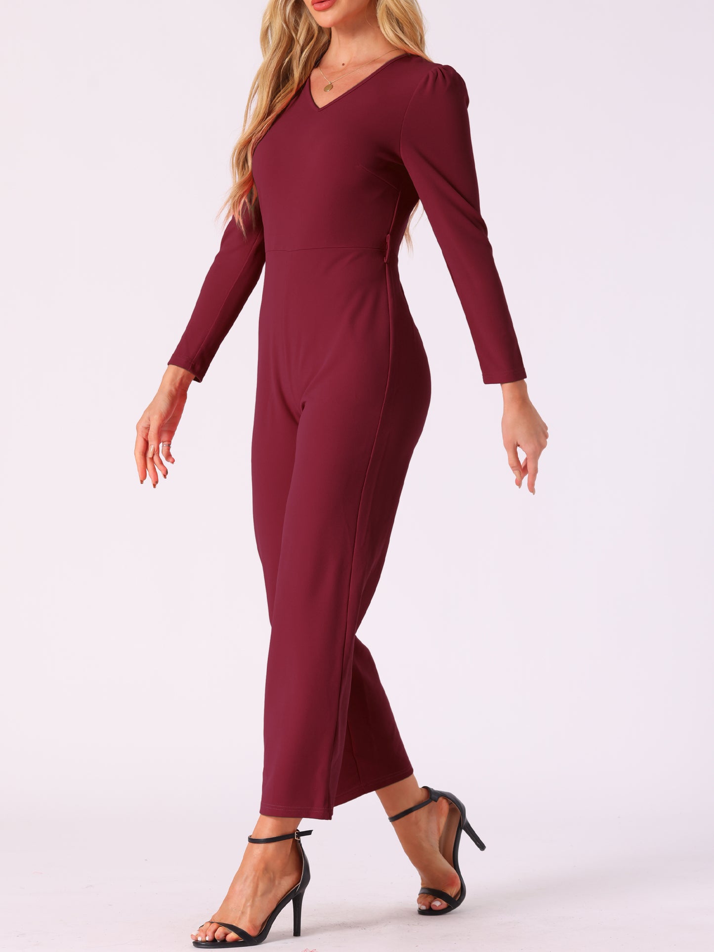 Women's V Neck Long Sleeve Tie Waist Wide Leg Long Pants Elegant Knit Jumpsuits