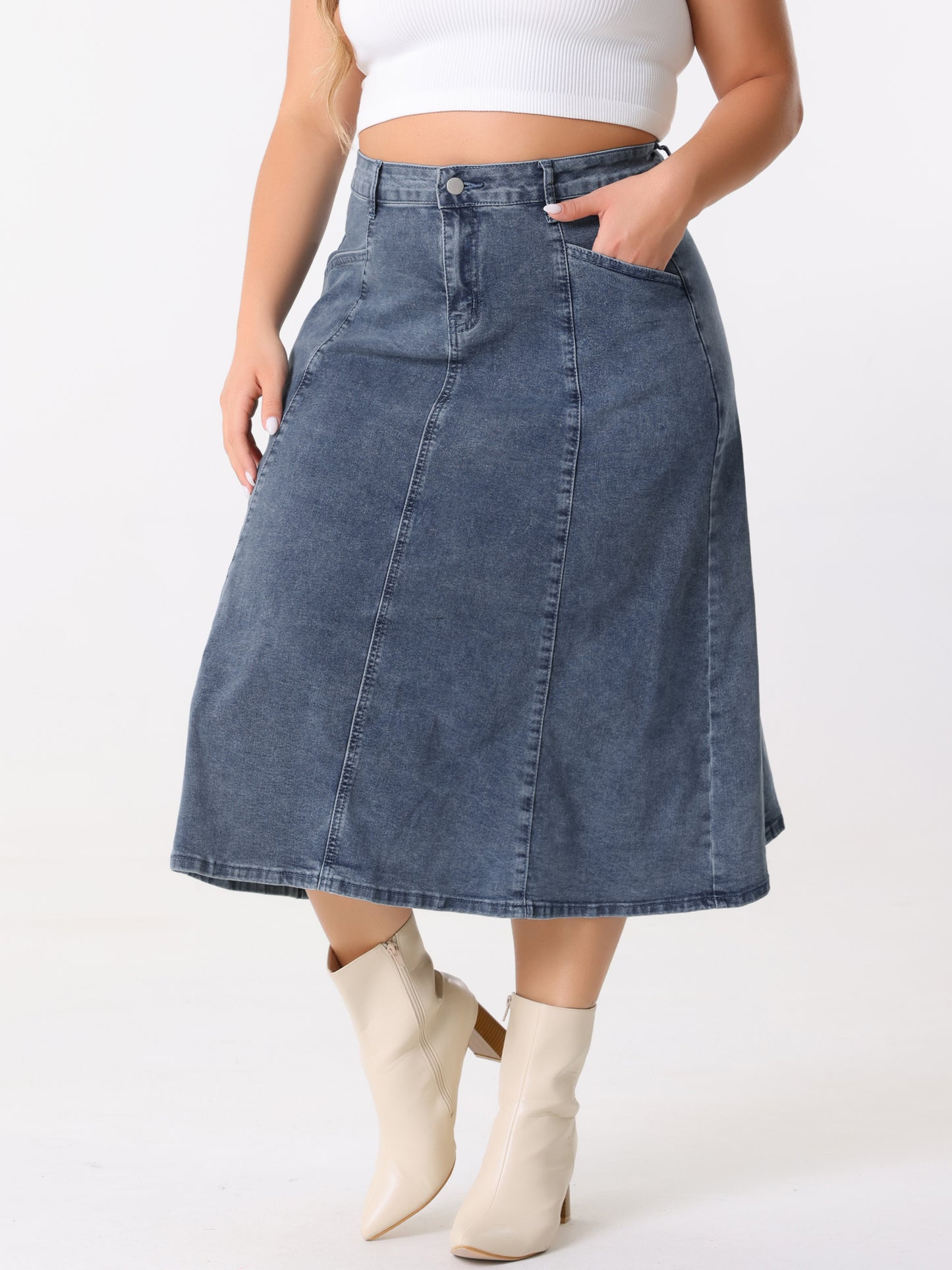 Women's Plus Size Denim Skirts Vintage High Waist with Pockets A-Line Midi Jean Skirt